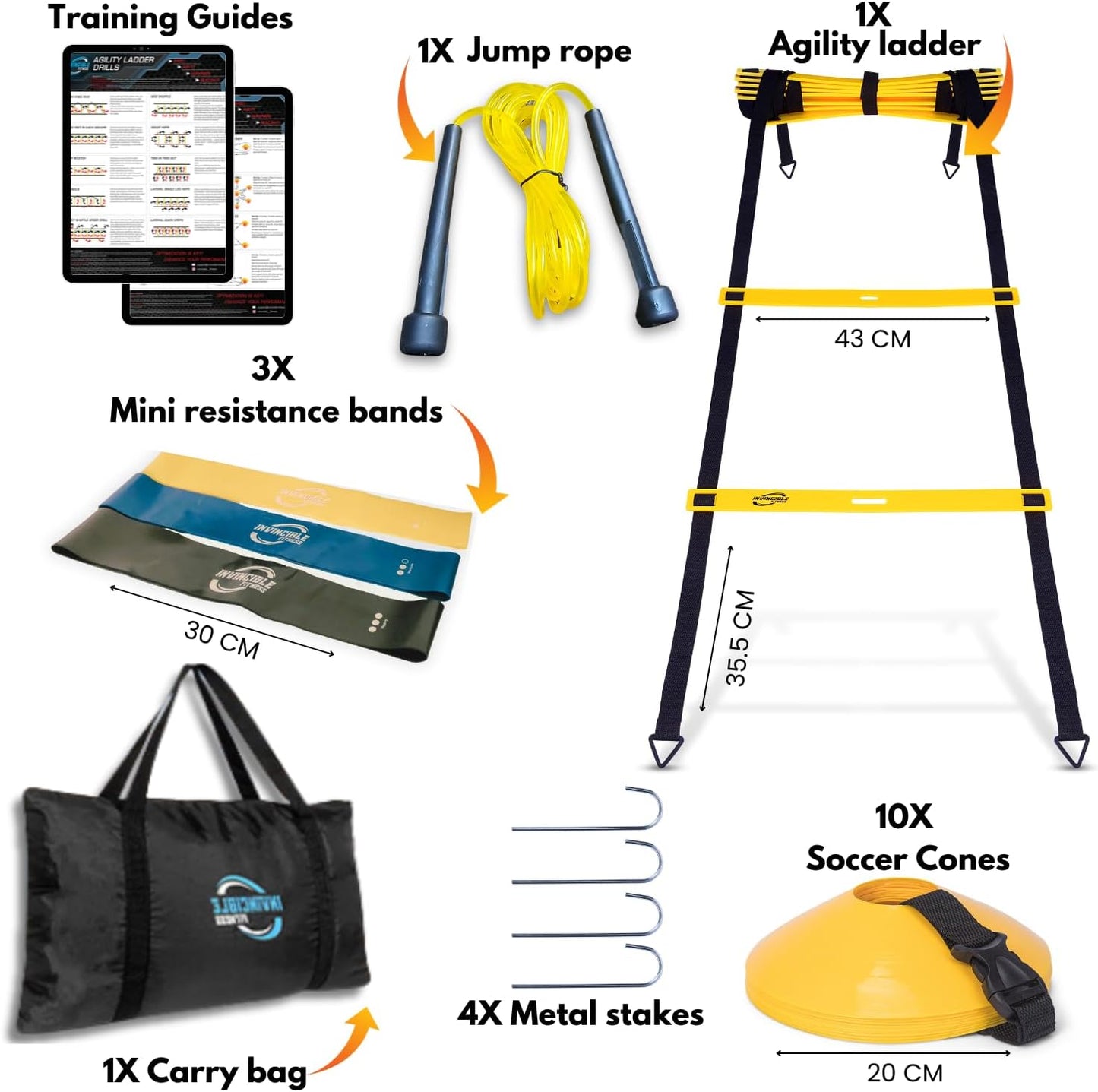 Escalera de agilidad Set, 11 peldaños, duradero Materiales, portátil bolsa de transporte, incluye 4 piquetas de metal + Bonus: 2,5 Lacrosse masaje pelota, Por Invencible Fitness