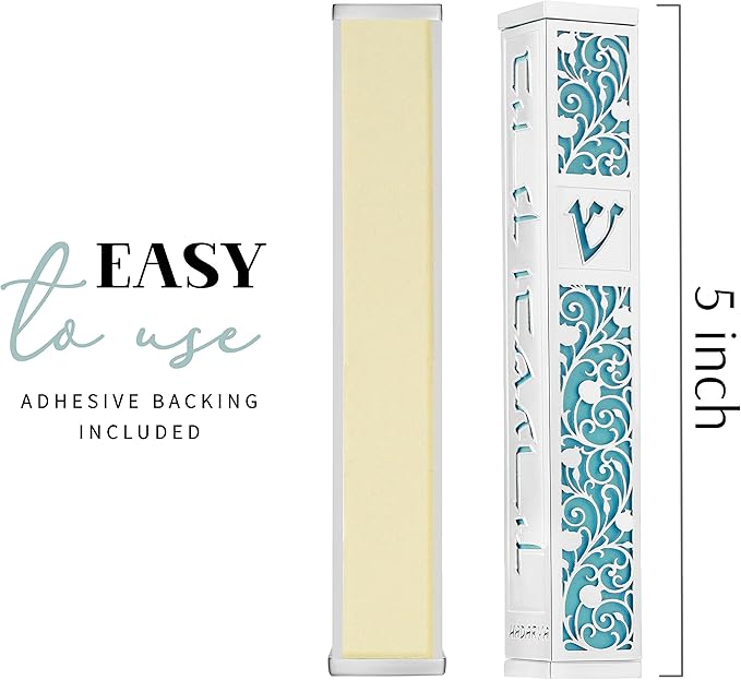 SURI Mezuzah para puerta con diseño de Jerusalén, estilo contemporáneo de mezuzá judío plateado y dorado de 5 pulgadas, incluye adhesivo Mezuzah para una fácil instalación, caja de regalo y pergamino no