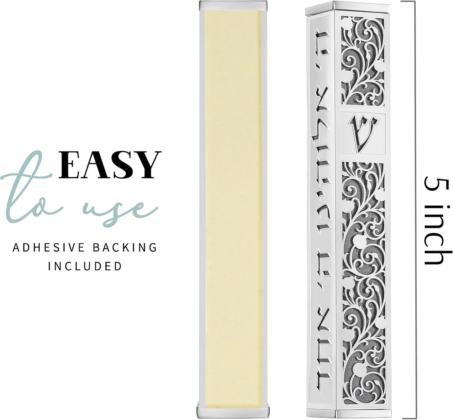 SURI Mezuzah para puerta con diseño de Jerusalén, estilo contemporáneo de mezuzá judío plateado y dorado de 5 pulgadas, incluye adhesivo Mezuzah para una fácil instalación, caja de regalo y pergamino no