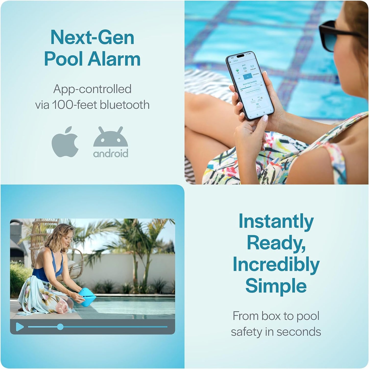 Alarma inteligente para piscina con aplicación Bluetooth, para piscinas sobre el suelo y en el suelo, sirena fuerte de 110 dB, IP68 impermeable, instalación en segundos.