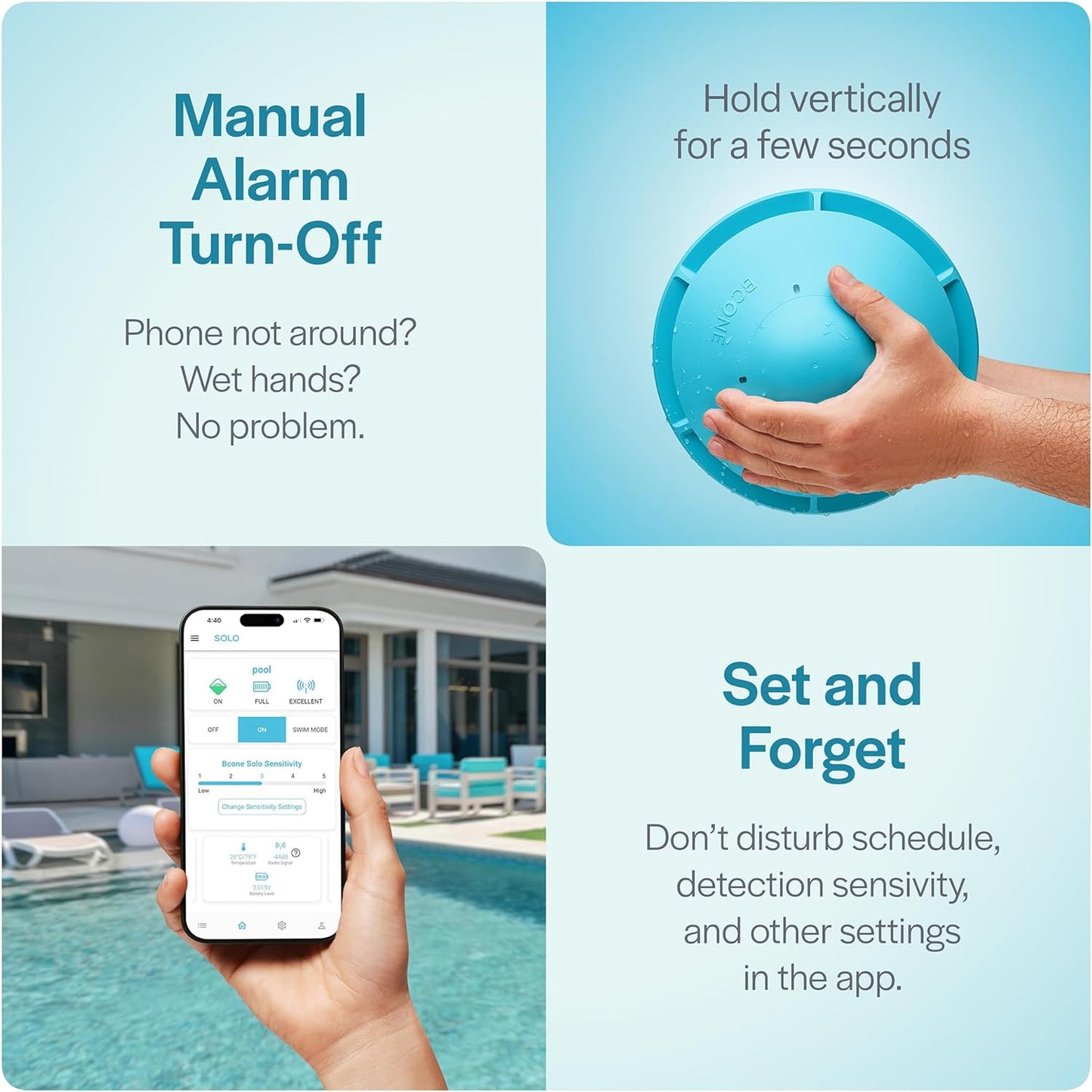 Alarma inteligente para piscina con aplicación Bluetooth, para piscinas sobre el suelo y en el suelo, sirena fuerte de 110 dB, IP68 impermeable, instalación en segundos.