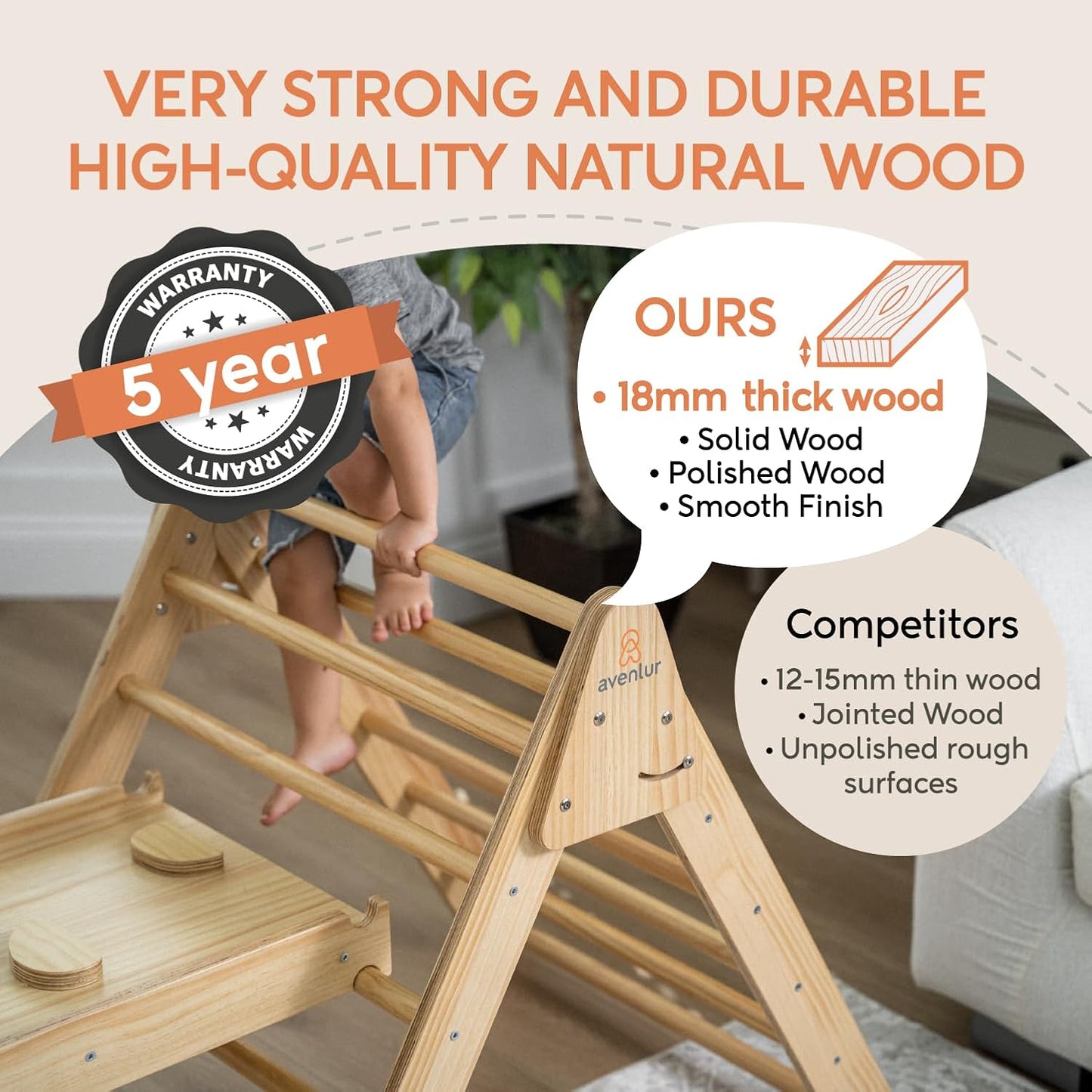 Gimnasio de escalada interior 5 en 1 Avenlur Hazel - Set de escalada Waldorf y Montessori con escalera triangular, rampa, arco trepador, balancín y tobogán - Juguetes Montessori para niños de 18 meses a 7 años (Natural)