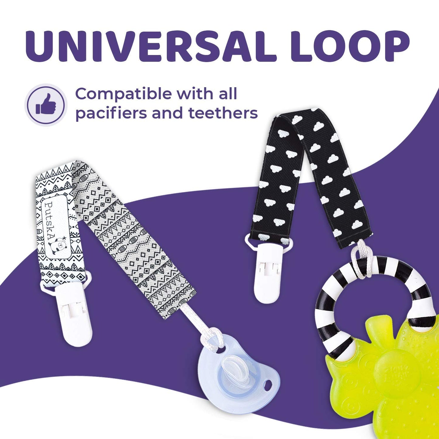 Clips para chupete – 4 unidades diseño único moderno de género neutro en blanco y negro. Clip para chupetes y chupetes. Hecho de poliéster de calidad y no tóxico, para baby shower.