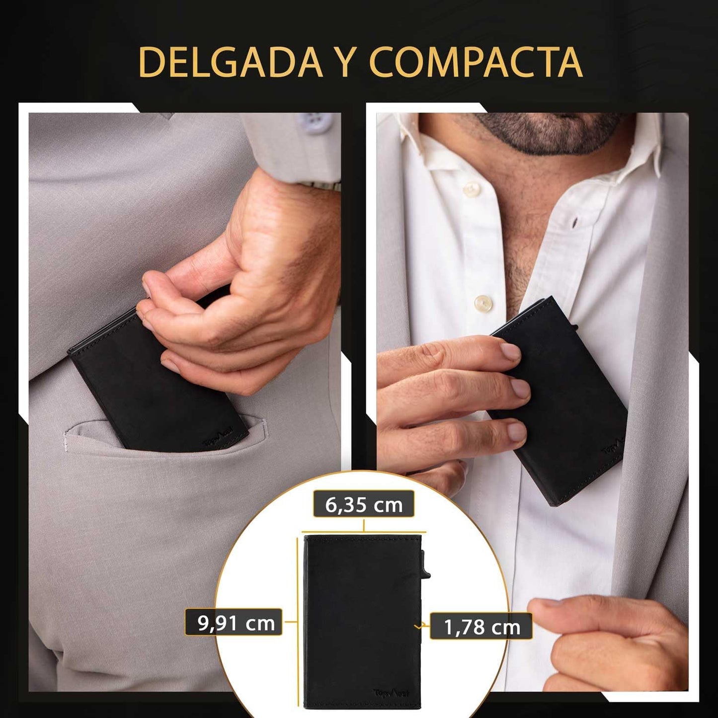 Cartera desplegable de piel auténtica para hombre. Portatarjetas de crédito con bloqueo RFID para hombre. Carteras Ridge para hombre con ventana de identificación. Delgada, minimalista,