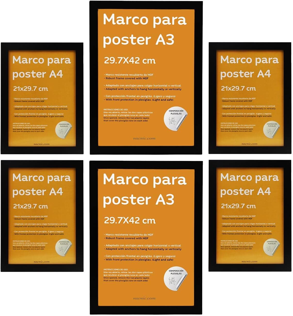 Nacnic - Set 6 Marcos - Madera MDF Negra y Plexiglás - 2 Marcos A3 y 4 Marcos A4 - Fotografía, Láminas, Decoración de Pared para Salón, Dormitorio y Oficina