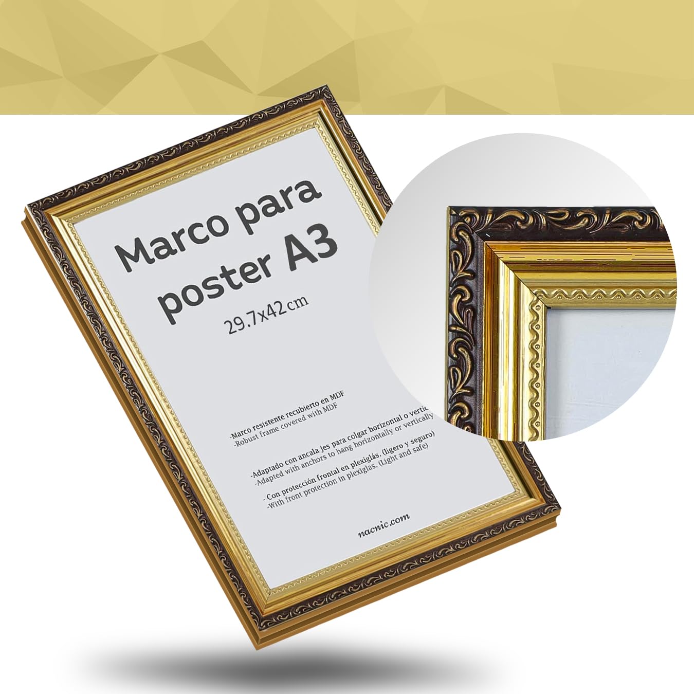 Nacnic - Packung mit 4 goldenen MDF-Rahmen und Acrylglas | Schutz und Präsentationsständer für Fotos, Plakate, Poster, Bilder und Dekorationen für Wohnzimmer, Schlafzimmer oder Büro | A3 (29,7 x 42cm)