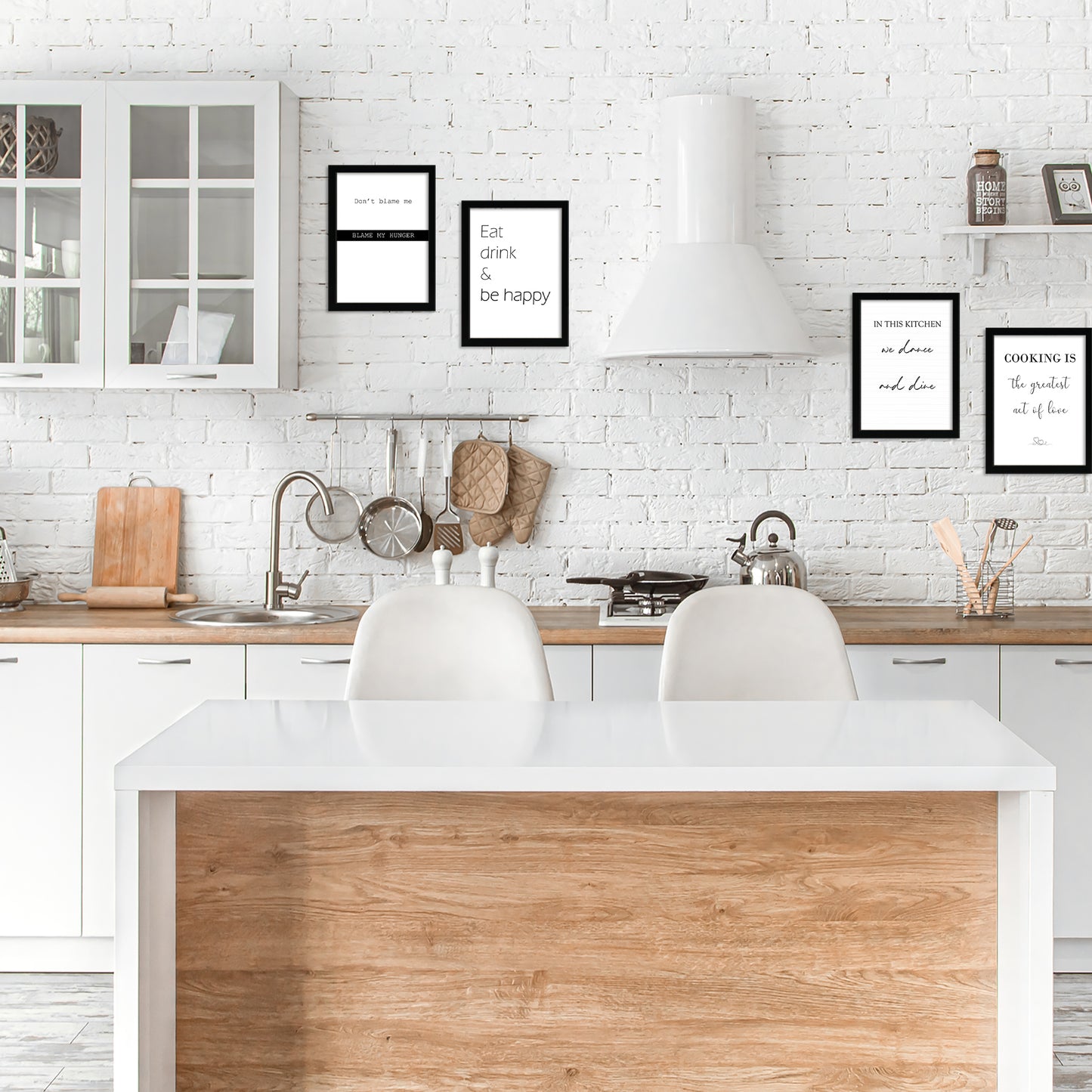 Set de 4 Cuadros Frases de Cocina Mensajes Póster Impresión Ilustración Letreros en Blanco y Negro Estilo moderno para decorar Cocina, Despensa, Comedor, Restaurante