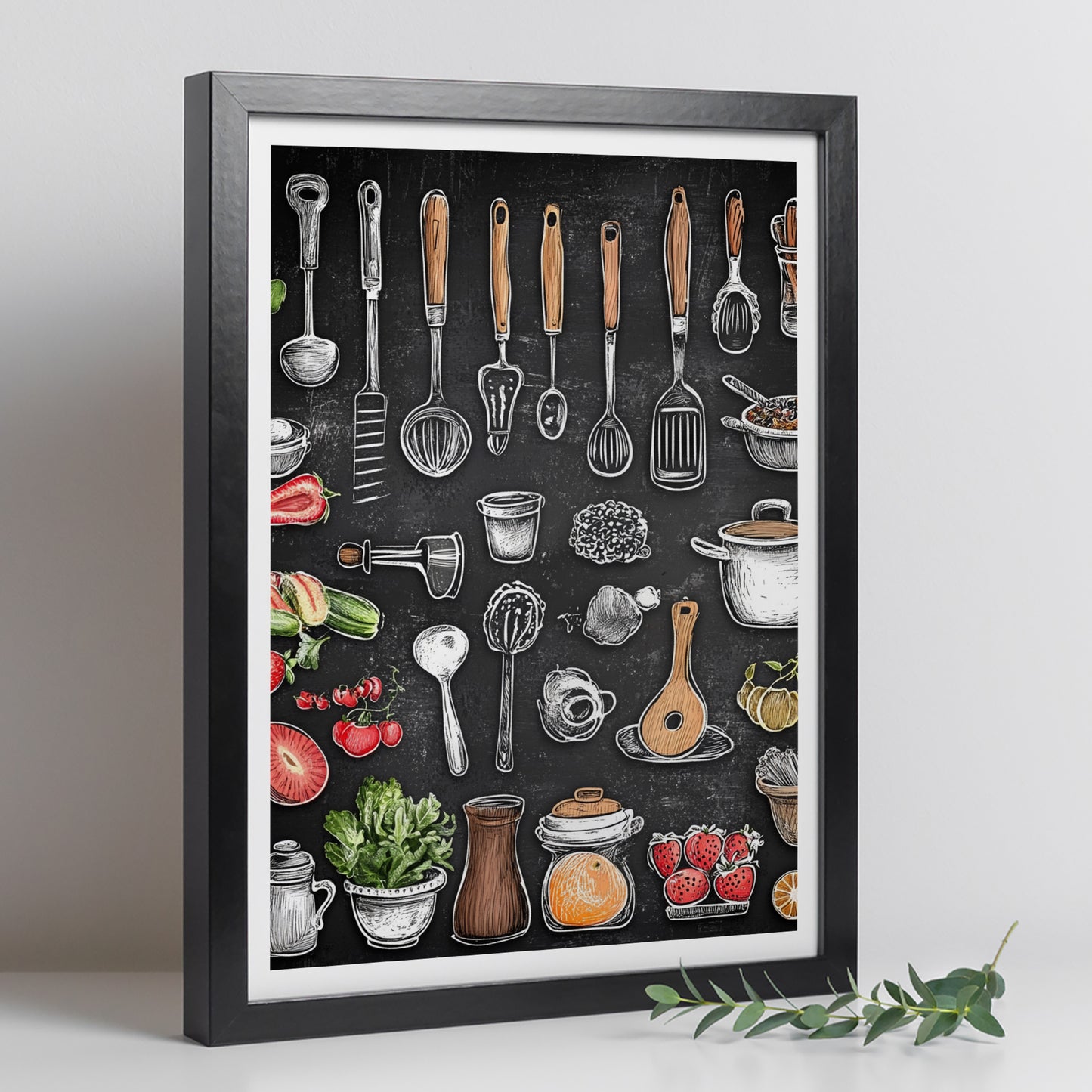 Set de 2 Cuadros Elementos de Cocina Ingredientes y Herramientas Poster Print ilustración para decorar las paredes de Cocina, Despensa, Comedor, Restaurante