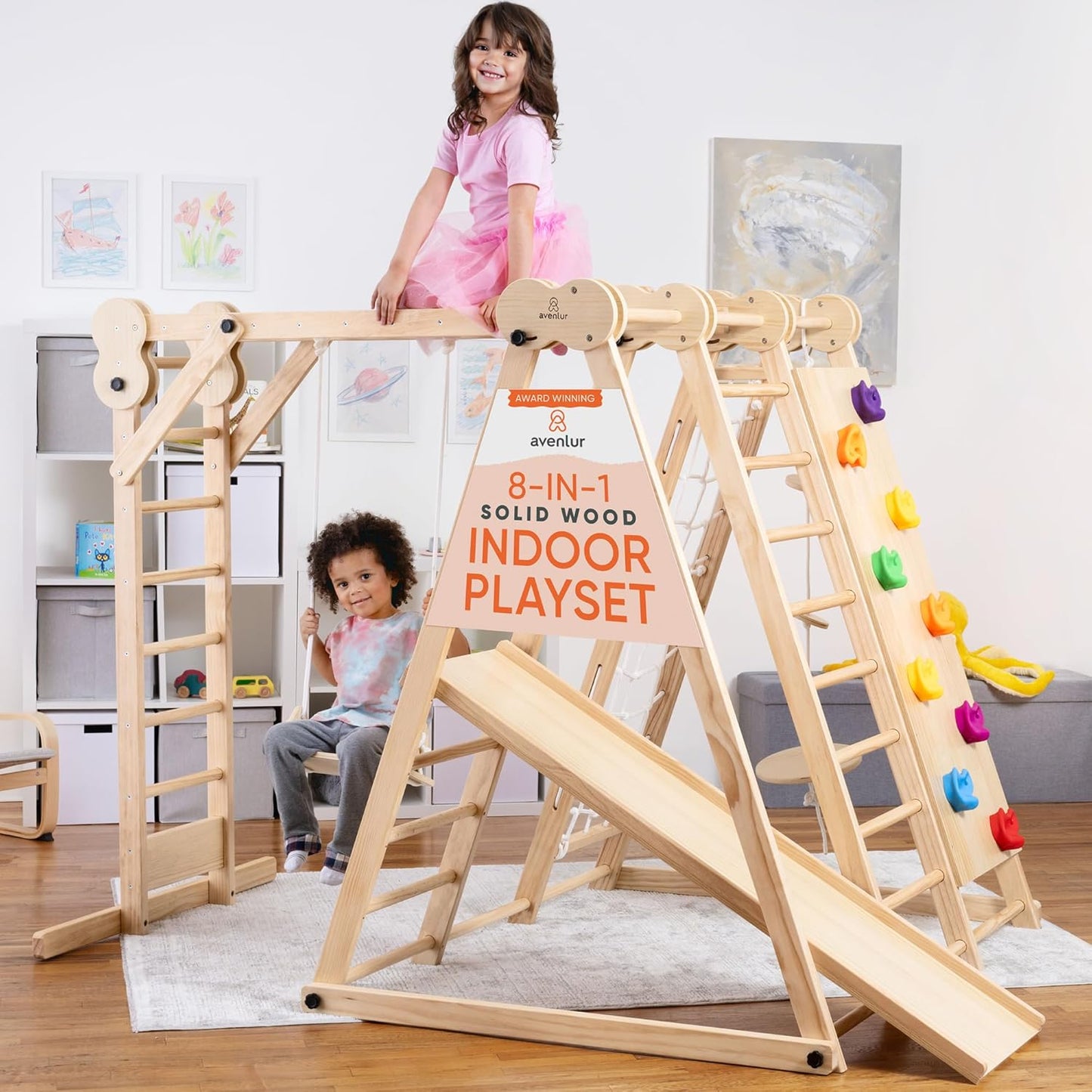 Avenlur Gimnasio de juego interior 8 en 1 – Gimnasio de la selva para niños de 2 a 6 años – Parque de juegos interior de madera con tobogán, barras de mono, escalera, escalera de cuerda, escalada en