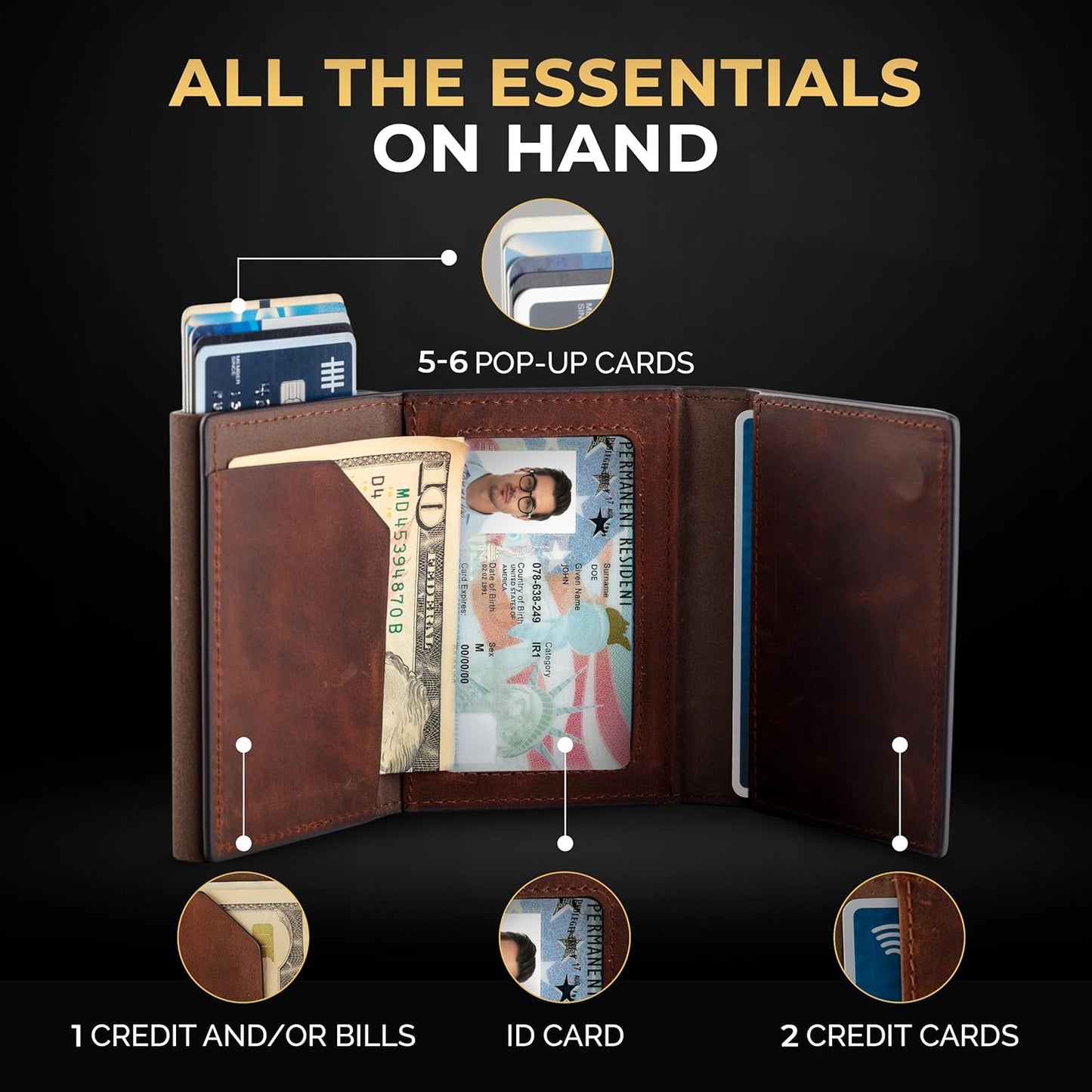 Cartera desplegable de piel auténtica para hombre. Portatarjetas de crédito con bloqueo RFID para hombre. Carteras Ridge para hombre con ventana de identificación. Delgada, minimalista,