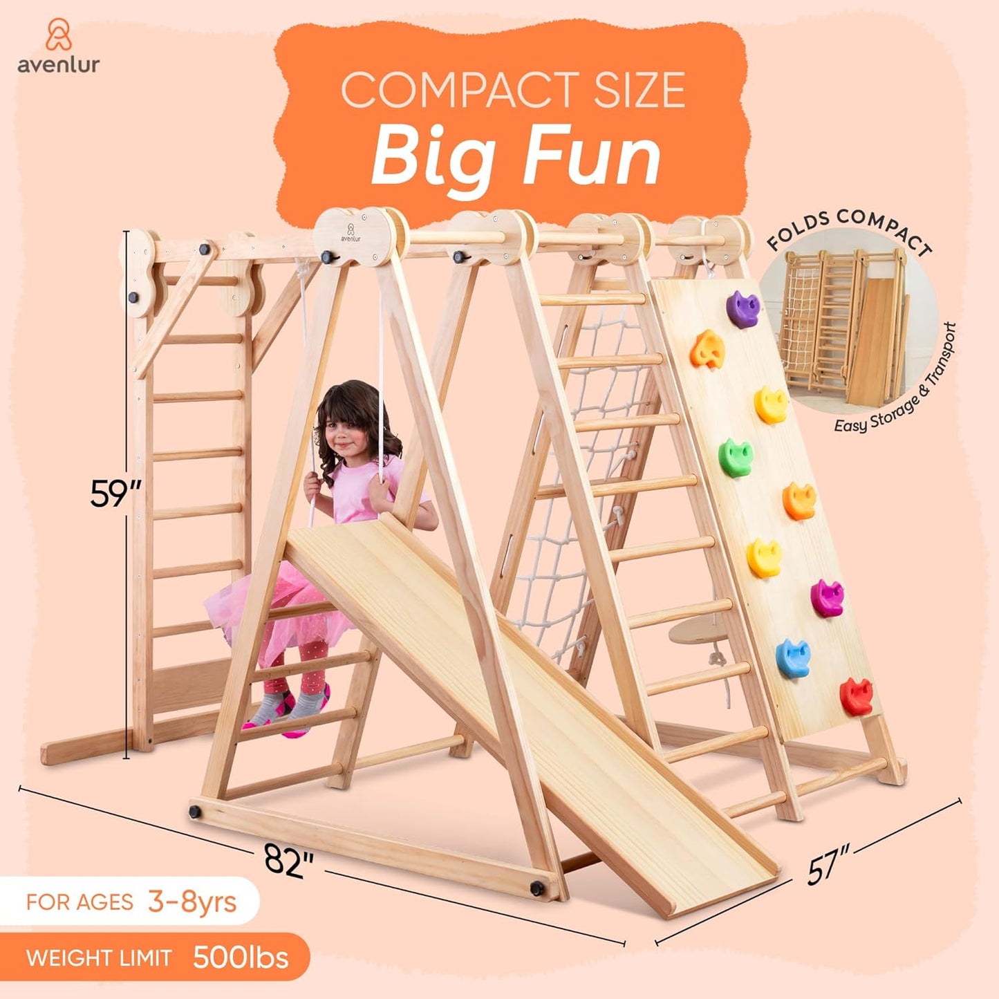 Avenlur Gimnasio de juego interior 8 en 1 – Gimnasio de la selva para niños de 2 a 6 años – Parque de juegos interior de madera con tobogán, barras de mono, escalera, escalera de cuerda, escalada en