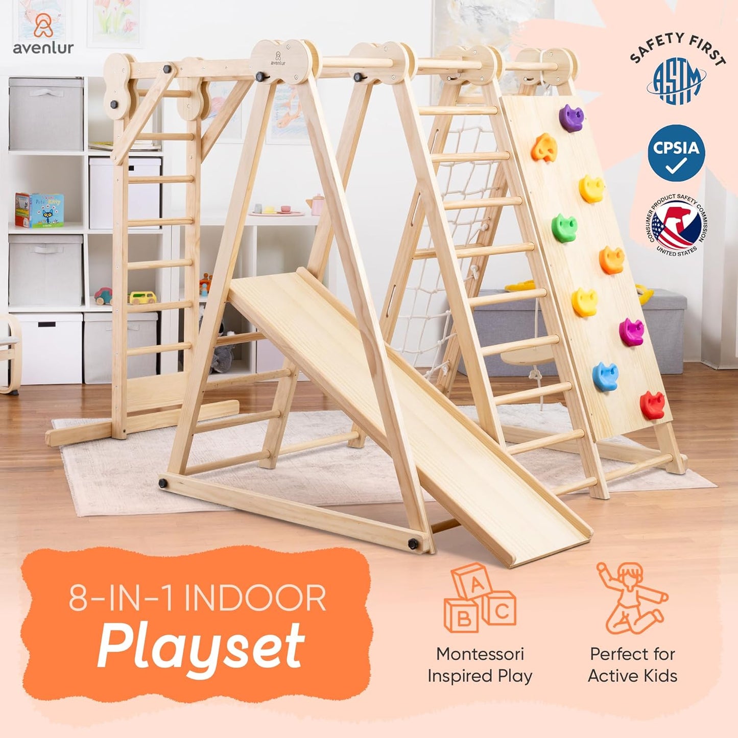 Avenlur Gimnasio de juego interior 8 en 1 – Gimnasio de la selva para niños de 2 a 6 años – Parque de juegos interior de madera con tobogán, barras de mono, escalera, escalera de cuerda, escalada en
