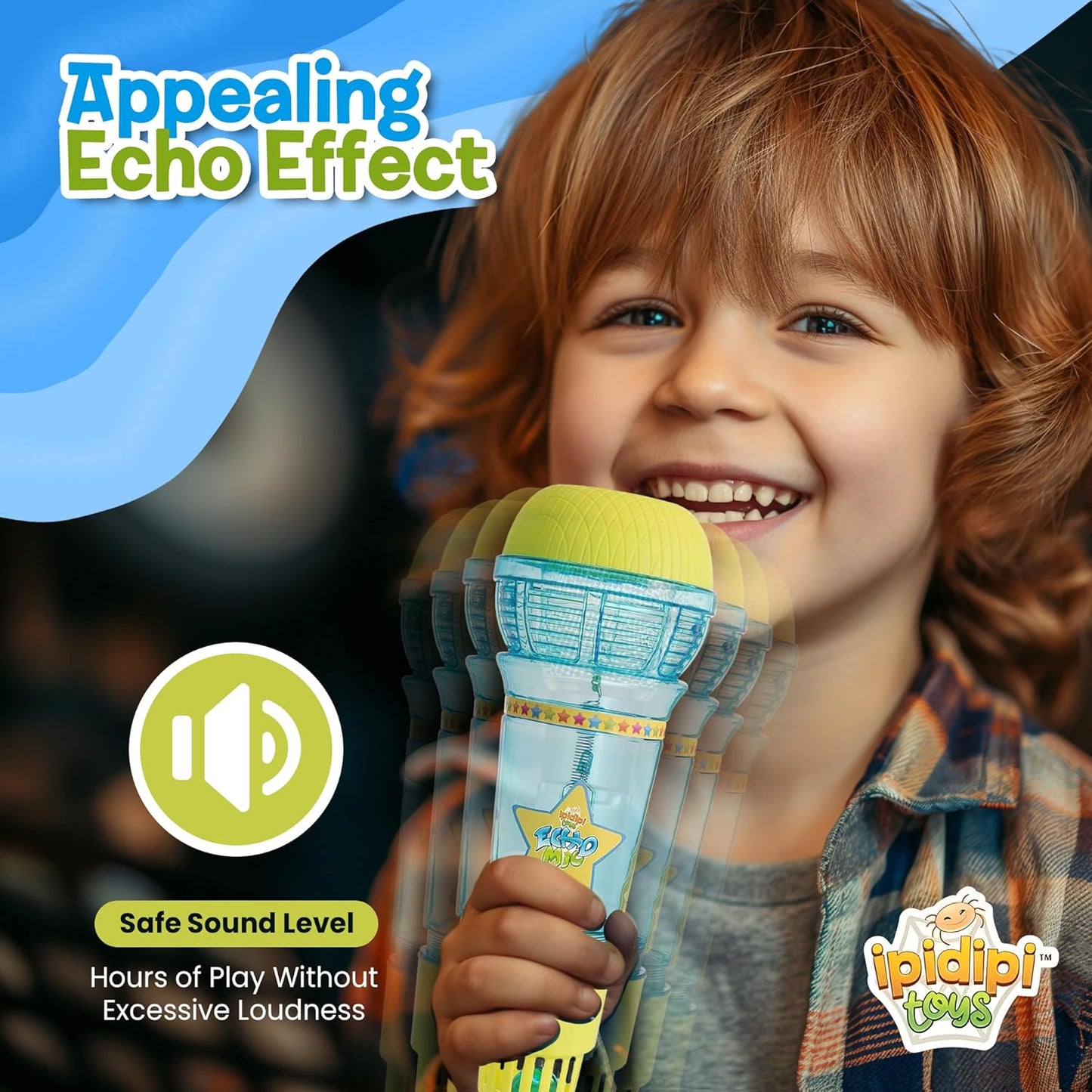 Micrófono Echo de IPIDIPI TOYS para niños: regalo de Navidad, micrófono mágico para niños pequeños con luz intermitente multicolor, juguetes de terapia del habla y micrófono de juguete de regalo retro para niños (azul/amarillo)