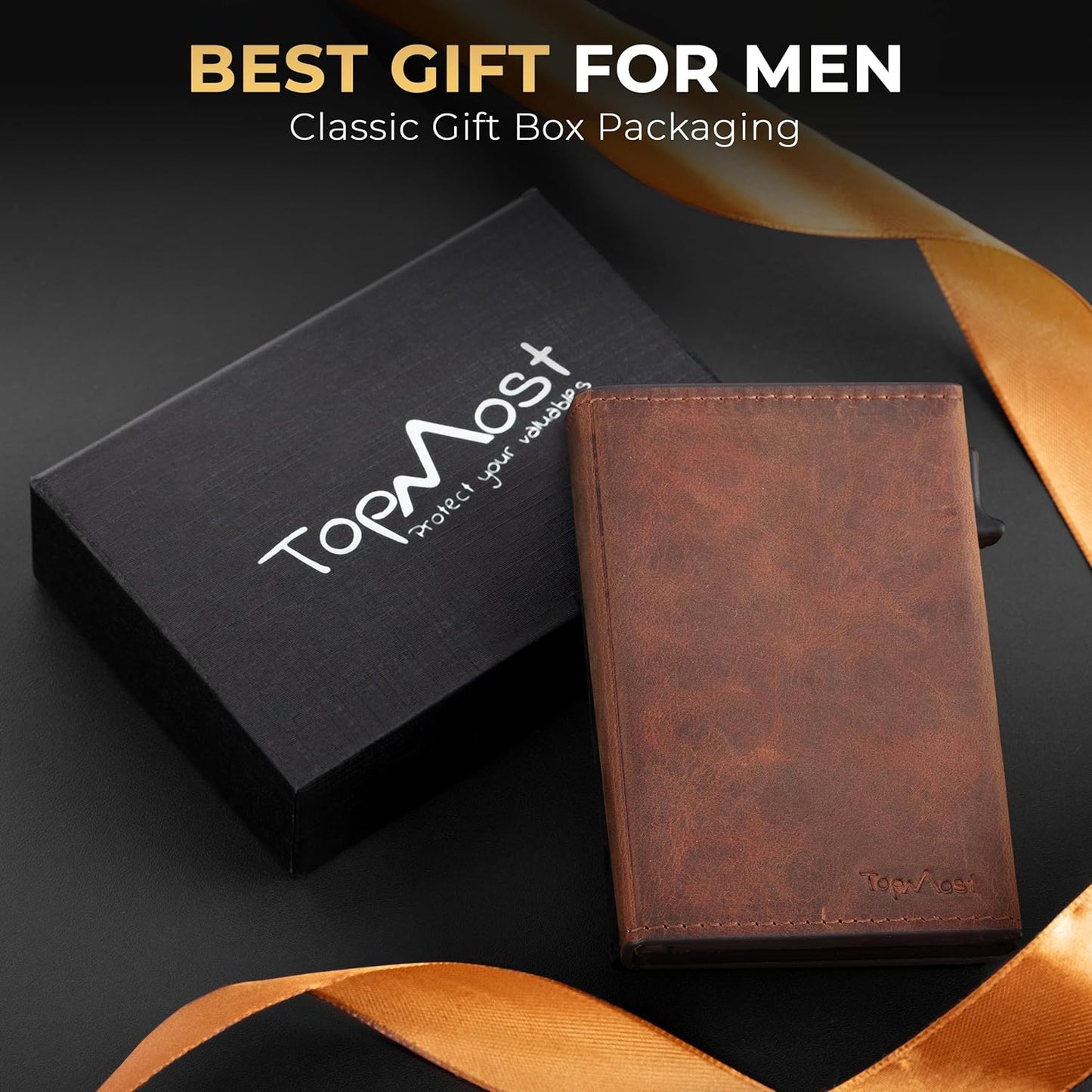 Cartera desplegable de piel auténtica para hombre. Portatarjetas de crédito con bloqueo RFID para hombre. Carteras Ridge para hombre con ventana de identificación. Delgada, minimalista,