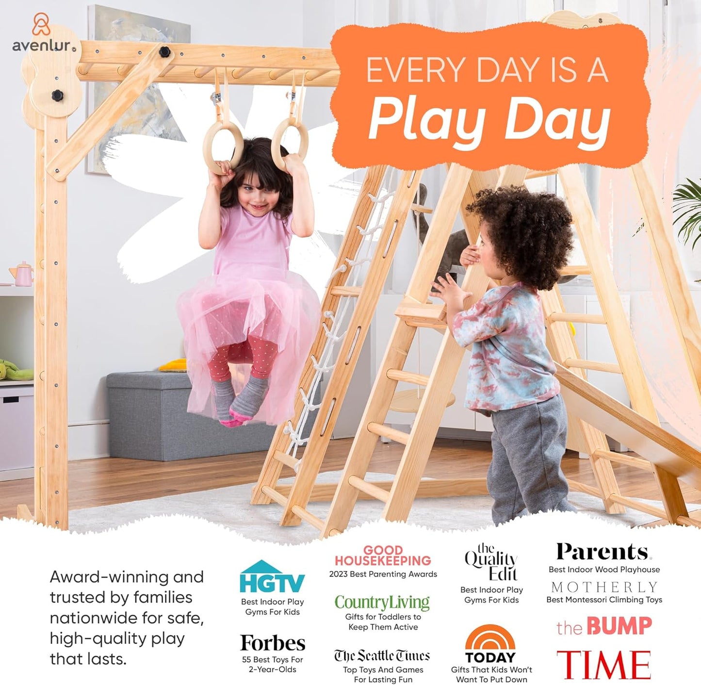 Avenlur Gimnasio de juego interior 8 en 1 – Gimnasio de la selva para niños de 2 a 6 años – Parque de juegos interior de madera con tobogán, barras de mono, escalera, escalera de cuerda, escalada en