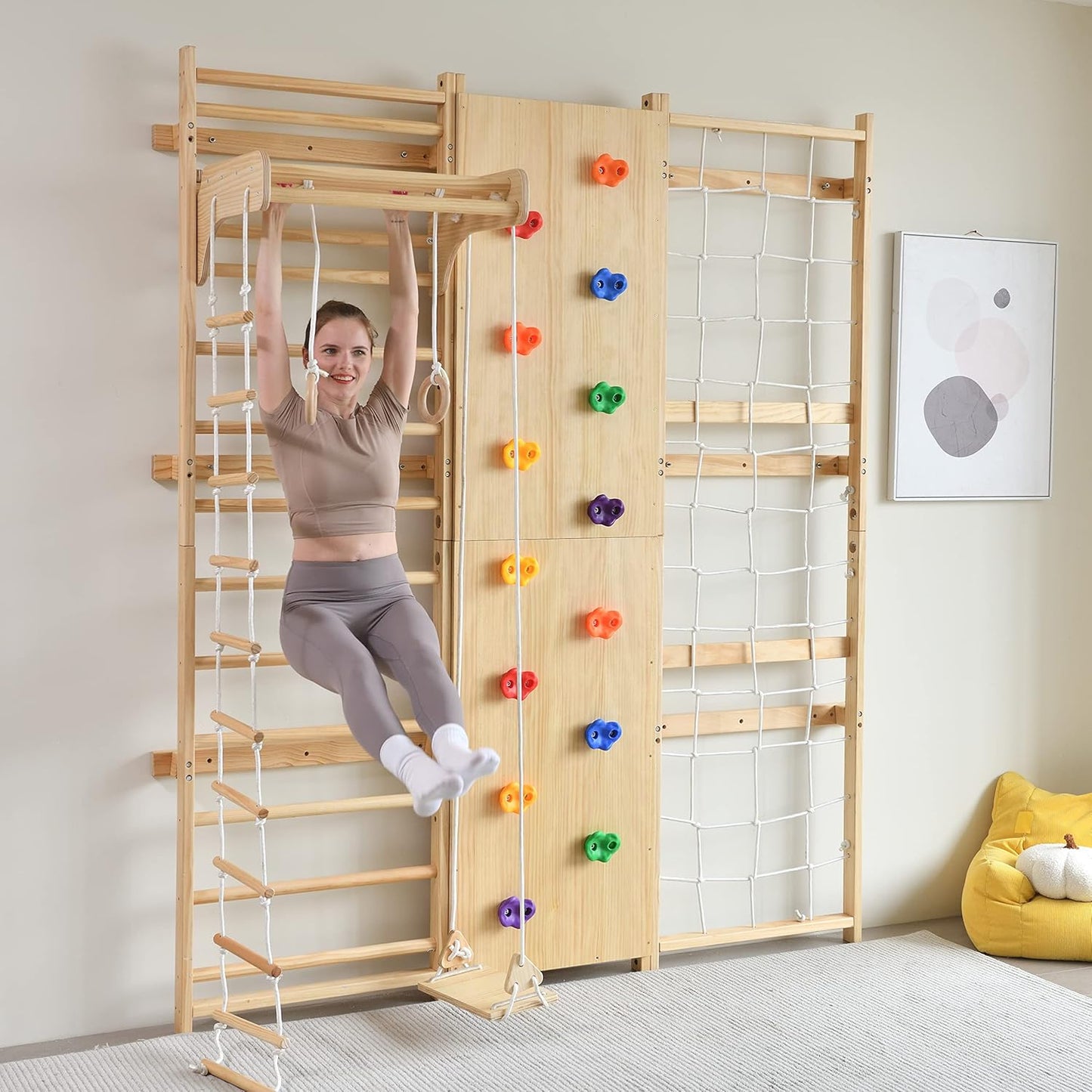 Gimnasio de pared con escalera sueca 9 en 1 de nogal Avenlur