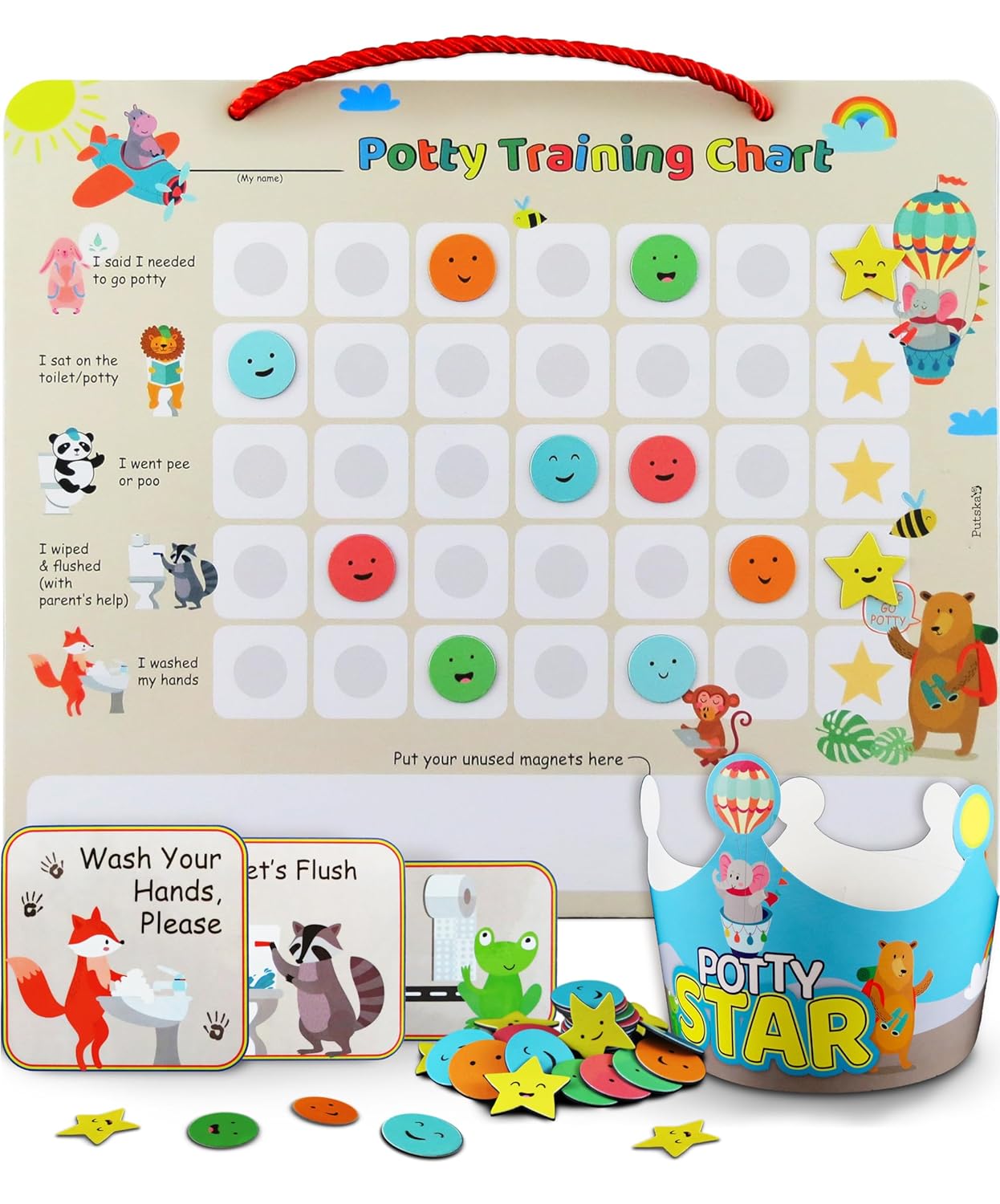 Tabla de entrenamiento para ir al baño de animales para niños pequeños, niños y niñas, pegatinas de entrenamiento para ir al baño para niñas, inodoro y niños. Una tabla de pegatinas para las recompensas del entrenamiento para ir al baño de los niños