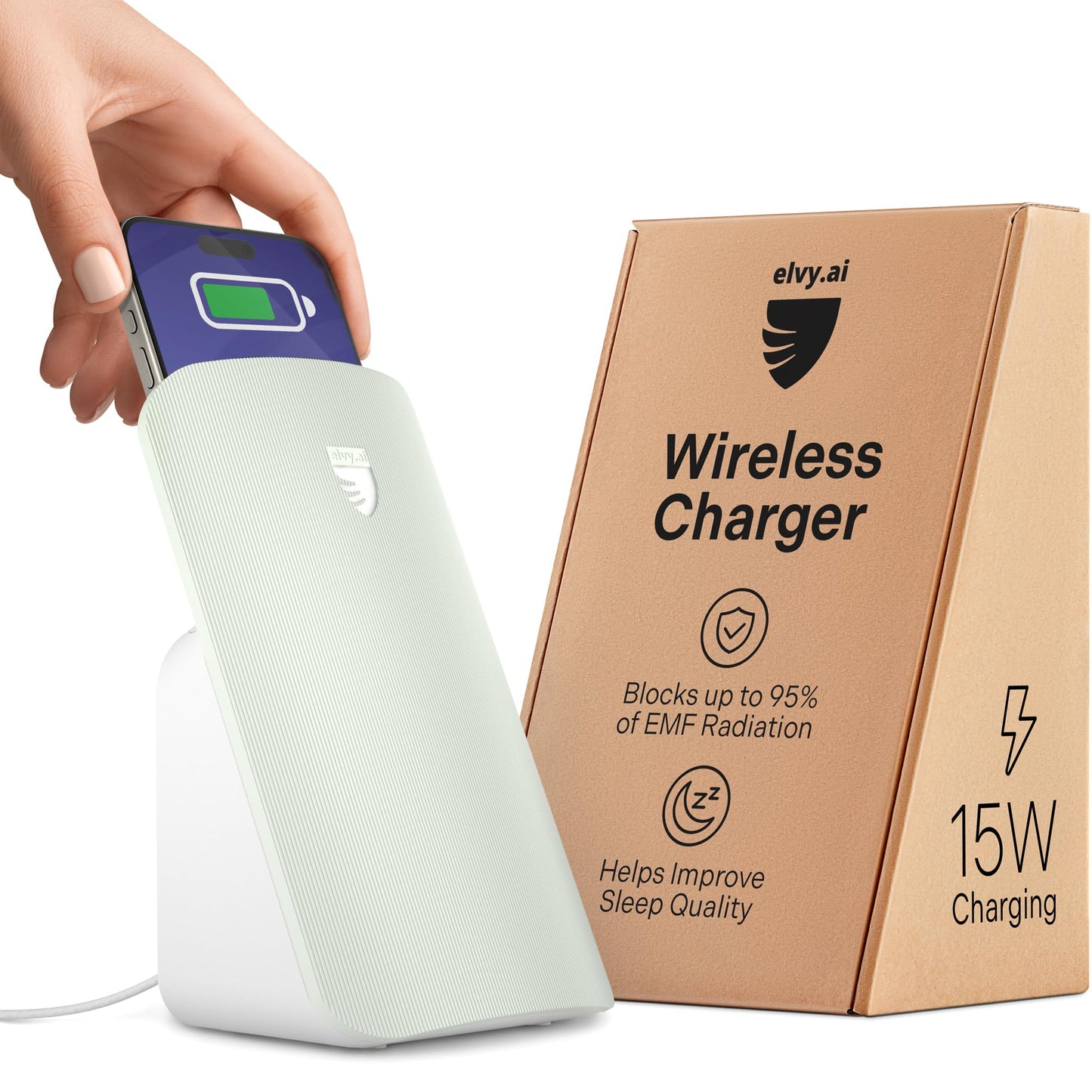Cargador inalámbrico rápido Qi Elvy para celulares: diseñado con tecnología de gestión de campos electromagnéticos para una carga optimizada y protección ambiental avanzada. Probado en laboratorio por Ordos Tech en 2023 (verde menta).
