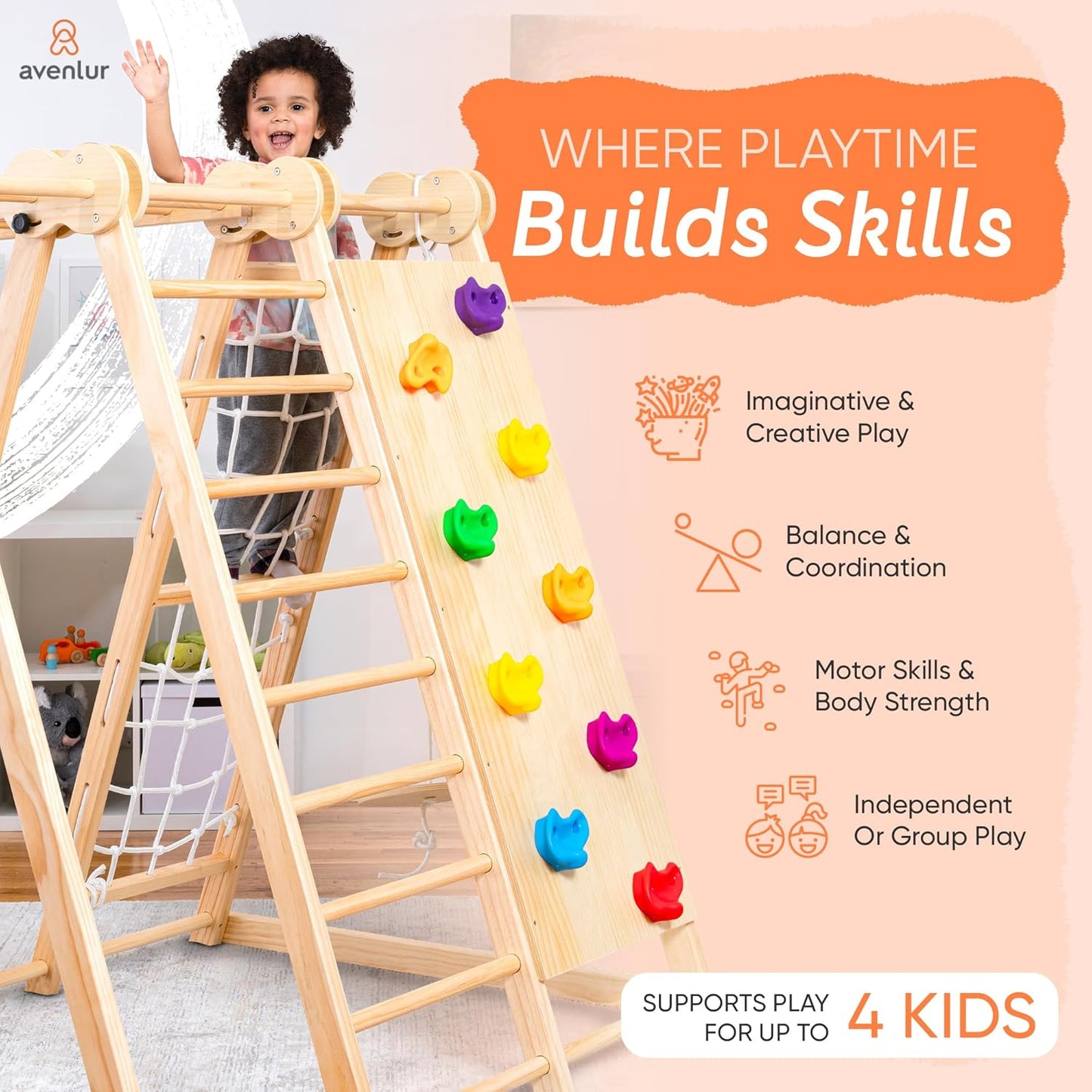 Avenlur Gimnasio de juego interior 8 en 1 – Gimnasio de la selva para niños de 2 a 6 años – Parque de juegos interior de madera con tobogán, barras de mono, escalera, escalera de cuerda, escalada en