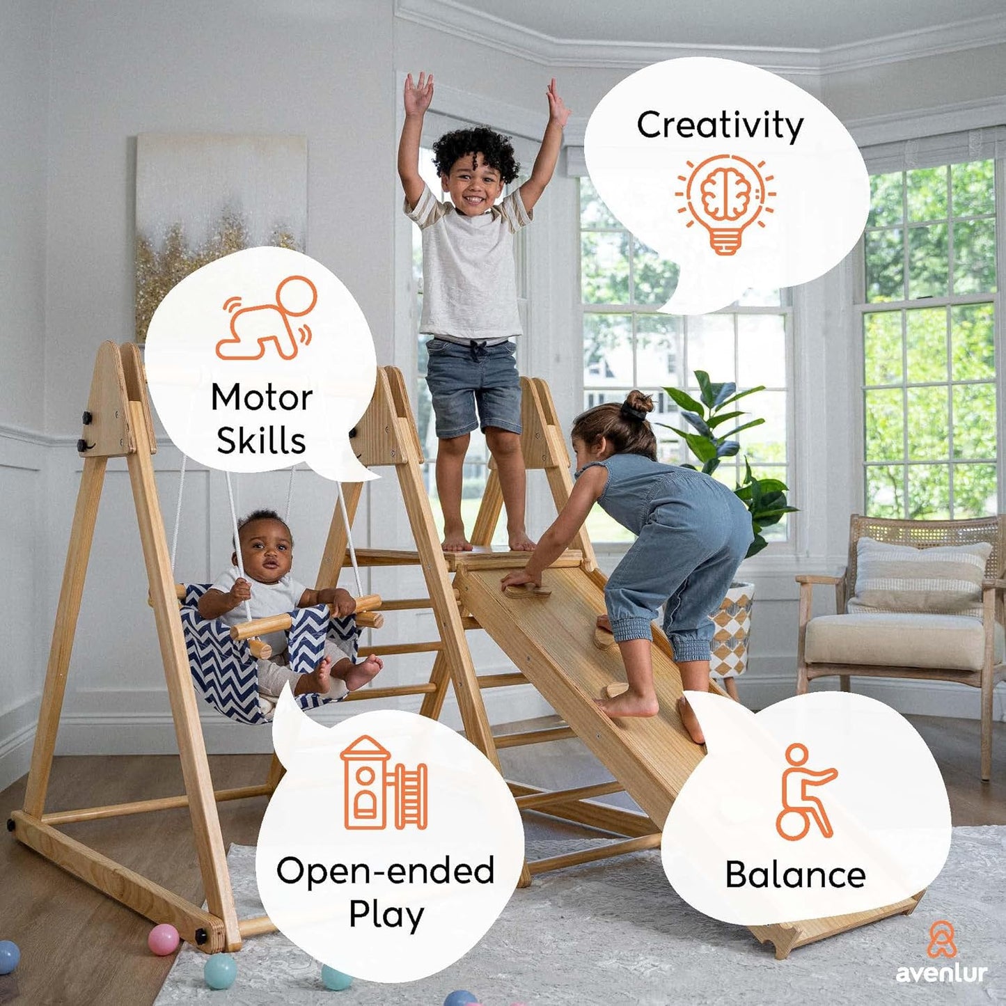 Gimnasio de juegos interior 4 en 1 Juniper de Avenlur: juego de gimnasio de jungla con columpio, tobogán, escalera y pared de escalada para bebés, juego de madera plegable, gimnasio de jungla interior para niños de 18 meses a 6 años