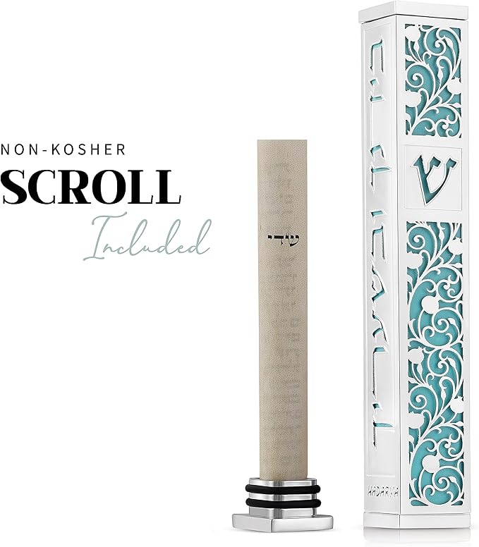 SURI Mezuzah para puerta con diseño de Jerusalén, estilo contemporáneo de mezuzá judío plateado y dorado de 5 pulgadas, incluye adhesivo Mezuzah para una fácil instalación, caja de regalo y pergamino no