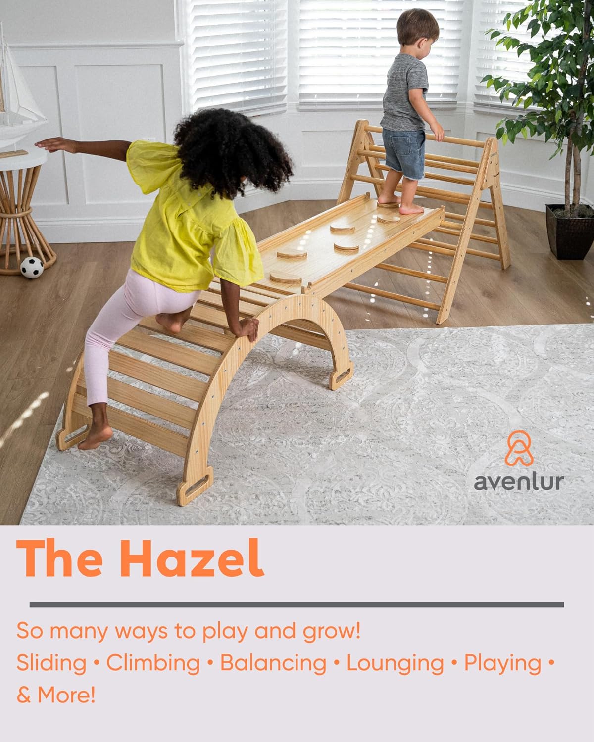 Gimnasio de escalada interior 5 en 1 Avenlur Hazel - Set de escalada Waldorf y Montessori con escalera triangular, rampa, arco trepador, balancín y tobogán - Juguetes Montessori para niños de 18 meses a 7 años (Natural)