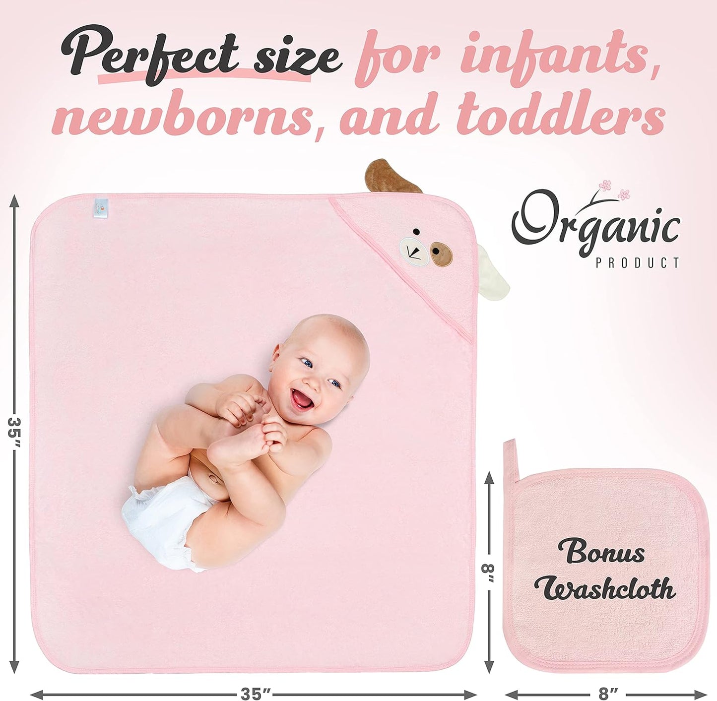 Toalla de Baño con Capucha para Bebé en Bambú Orgánico Rosa