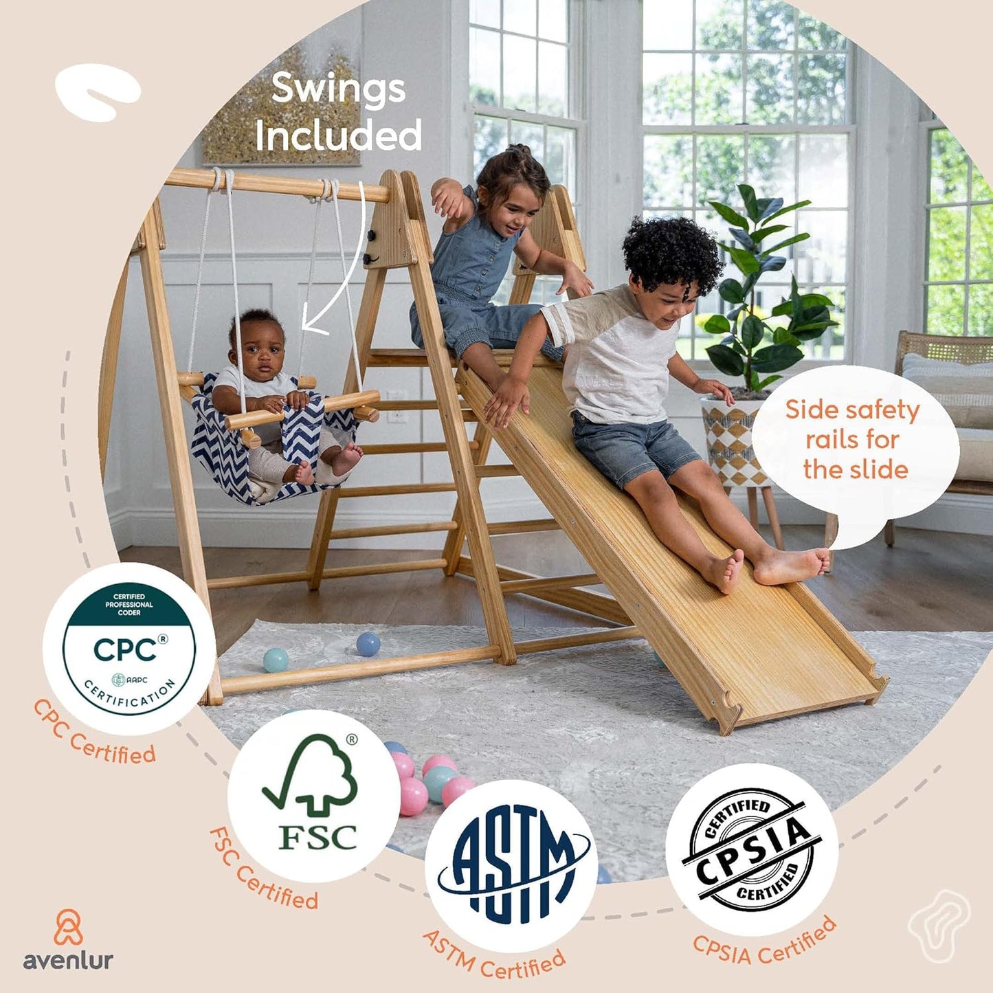 Gimnasio de juegos interior 4 en 1 Juniper de Avenlur: juego de gimnasio de jungla con columpio, tobogán, escalera y pared de escalada para bebés, juego de madera plegable, gimnasio de jungla interior para niños de 18 meses a 6 años