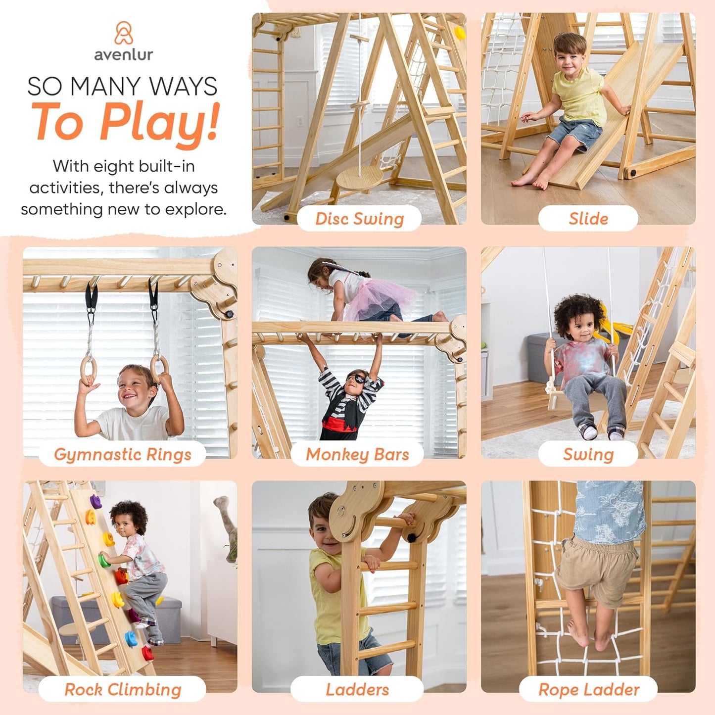 Avenlur Gimnasio de juego interior 8 en 1 – Gimnasio de la selva para niños de 2 a 6 años – Parque de juegos interior de madera con tobogán, barras de mono, escalera, escalera de cuerda, escalada en