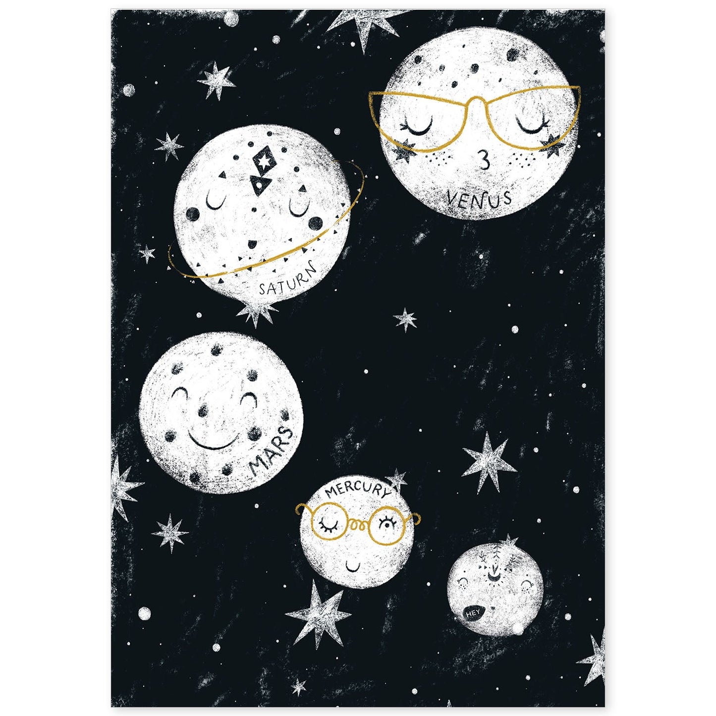 Lámina Cinco planetas. Estilo nordico blanco y negro. Composiciones planetarias infantiles-Artwork-Nacnic-A4-Sin marco-Nacnic Estudio SL