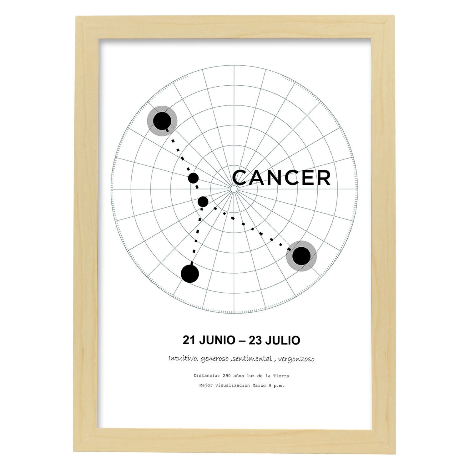 Lamina con la constelación Cancer. Poster con símbolo del zodiaco en y fondo del cielo estrellado-Artwork-Nacnic-A4-Marco Madera clara-Nacnic Estudio SL