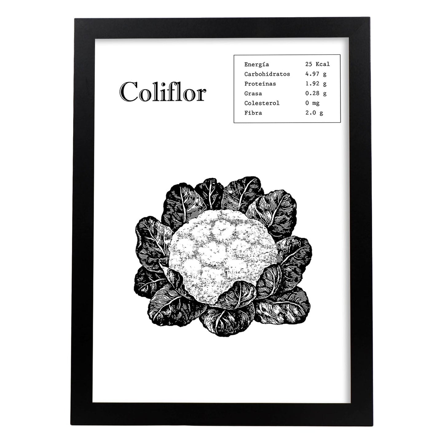 Poster de Coliflor. Láminas de frutas y verduras.-Artwork-Nacnic-A3-Marco Negro-Nacnic Estudio SL