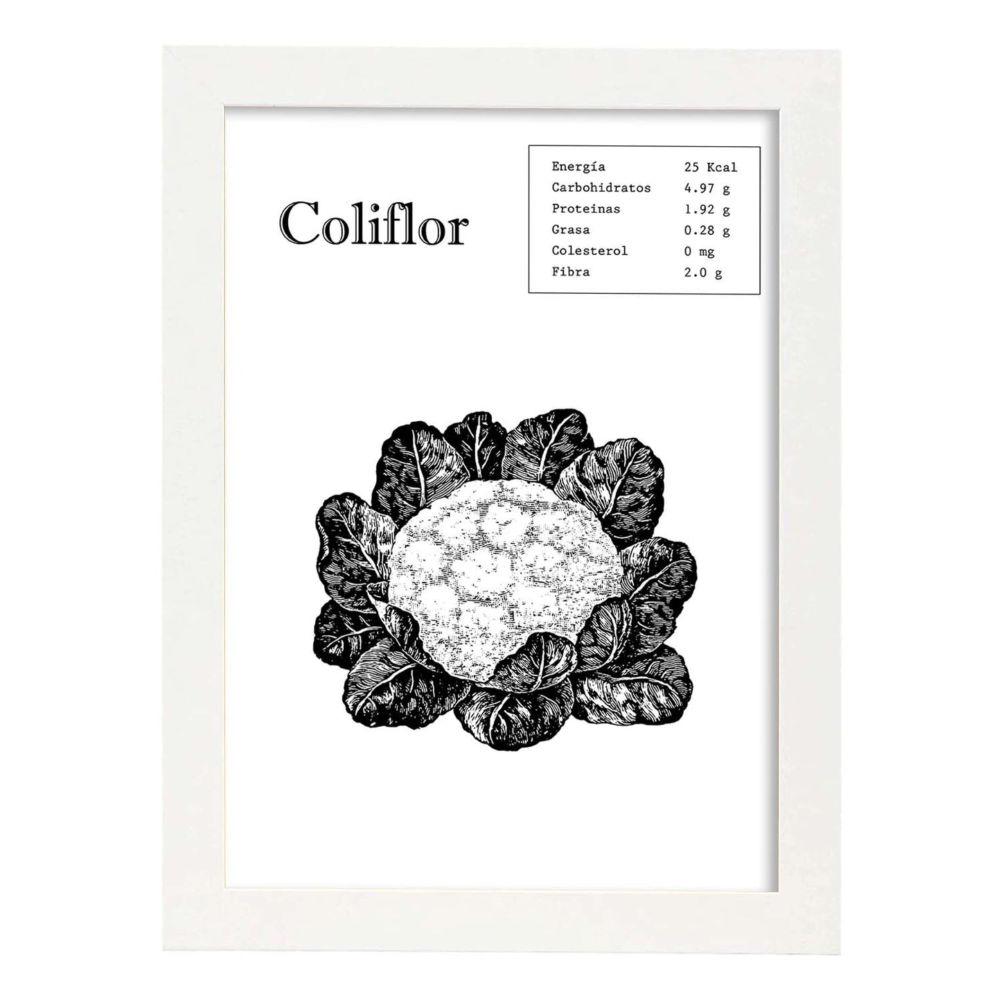 Poster de Coliflor. Láminas de frutas y verduras.-Artwork-Nacnic-A3-Marco Blanco-Nacnic Estudio SL