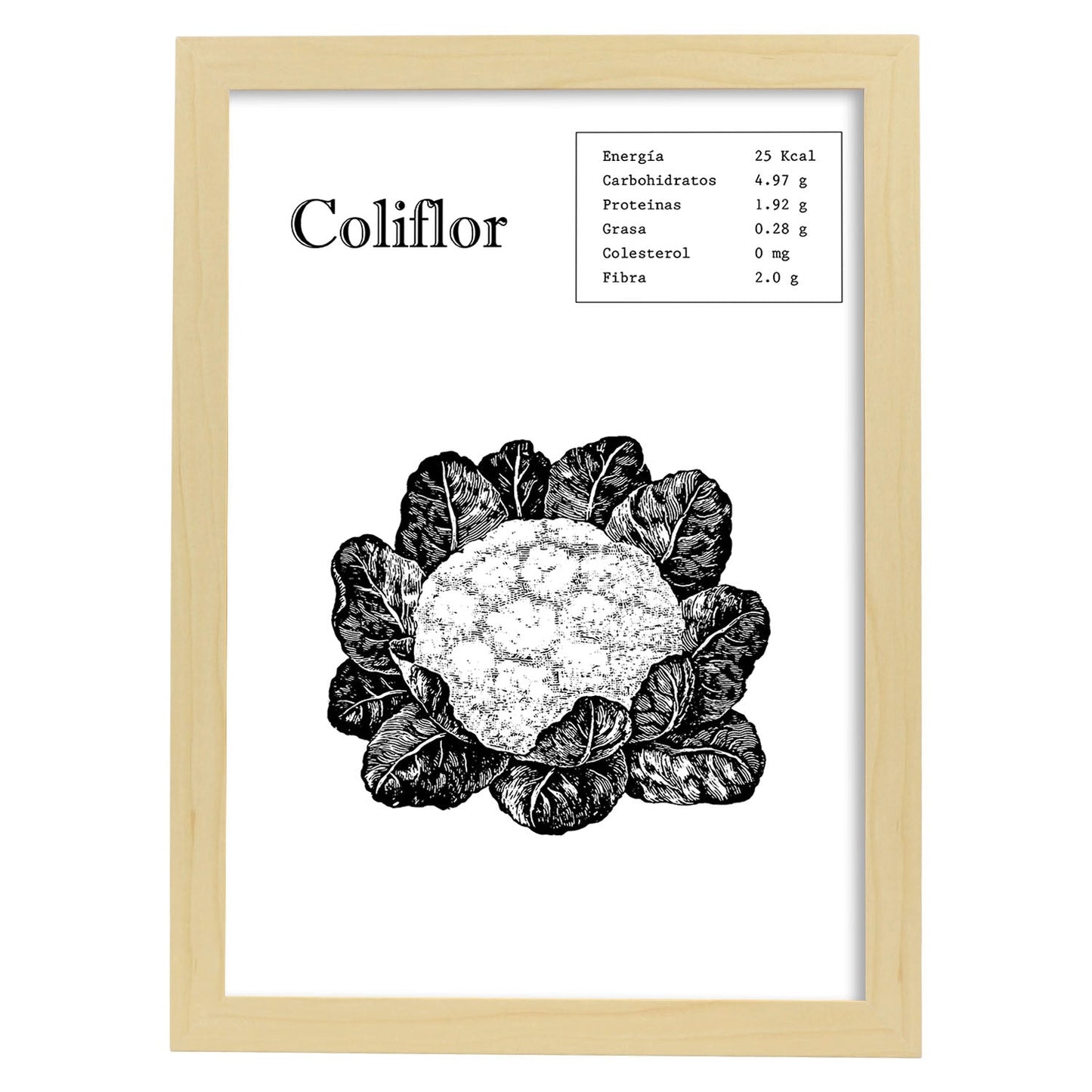 Poster de Coliflor. Láminas de frutas y verduras.-Artwork-Nacnic-A4-Marco Madera clara-Nacnic Estudio SL