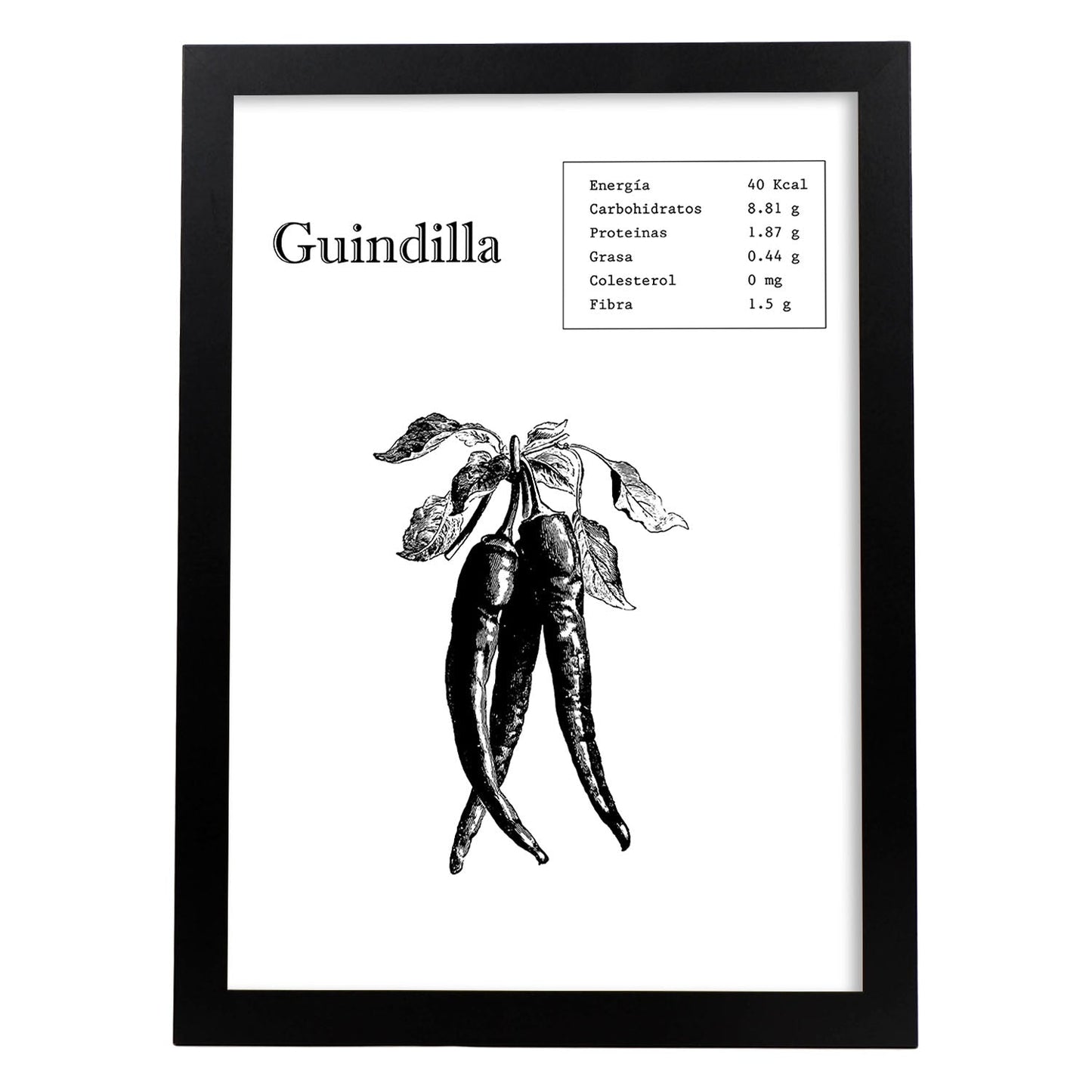 Poster de Guindilla. Láminas de frutas y verduras.-Artwork-Nacnic-A4-Marco Negro-Nacnic Estudio SL