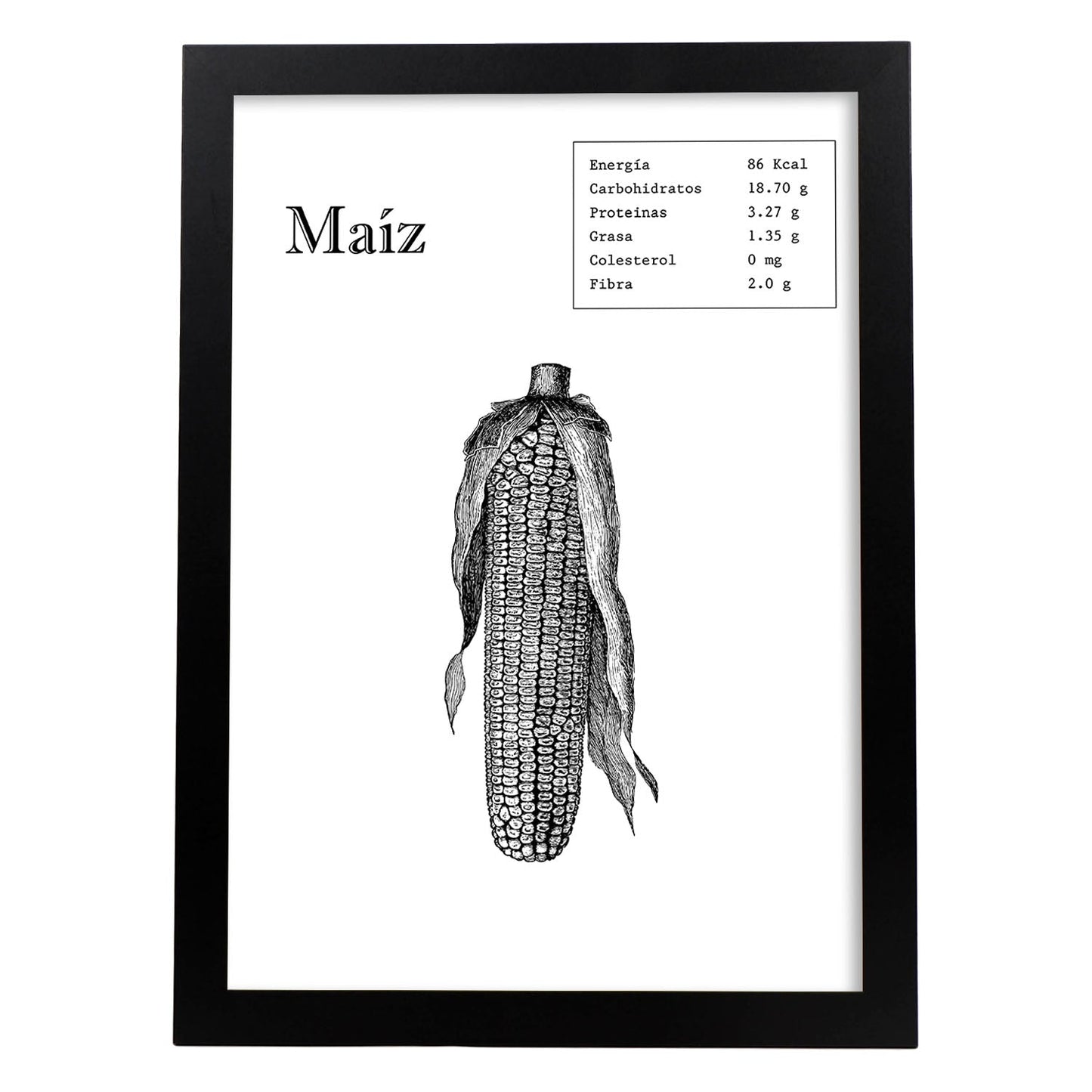Poster de Maíz. Láminas de frutas y verduras.-Artwork-Nacnic-A4-Marco Negro-Nacnic Estudio SL