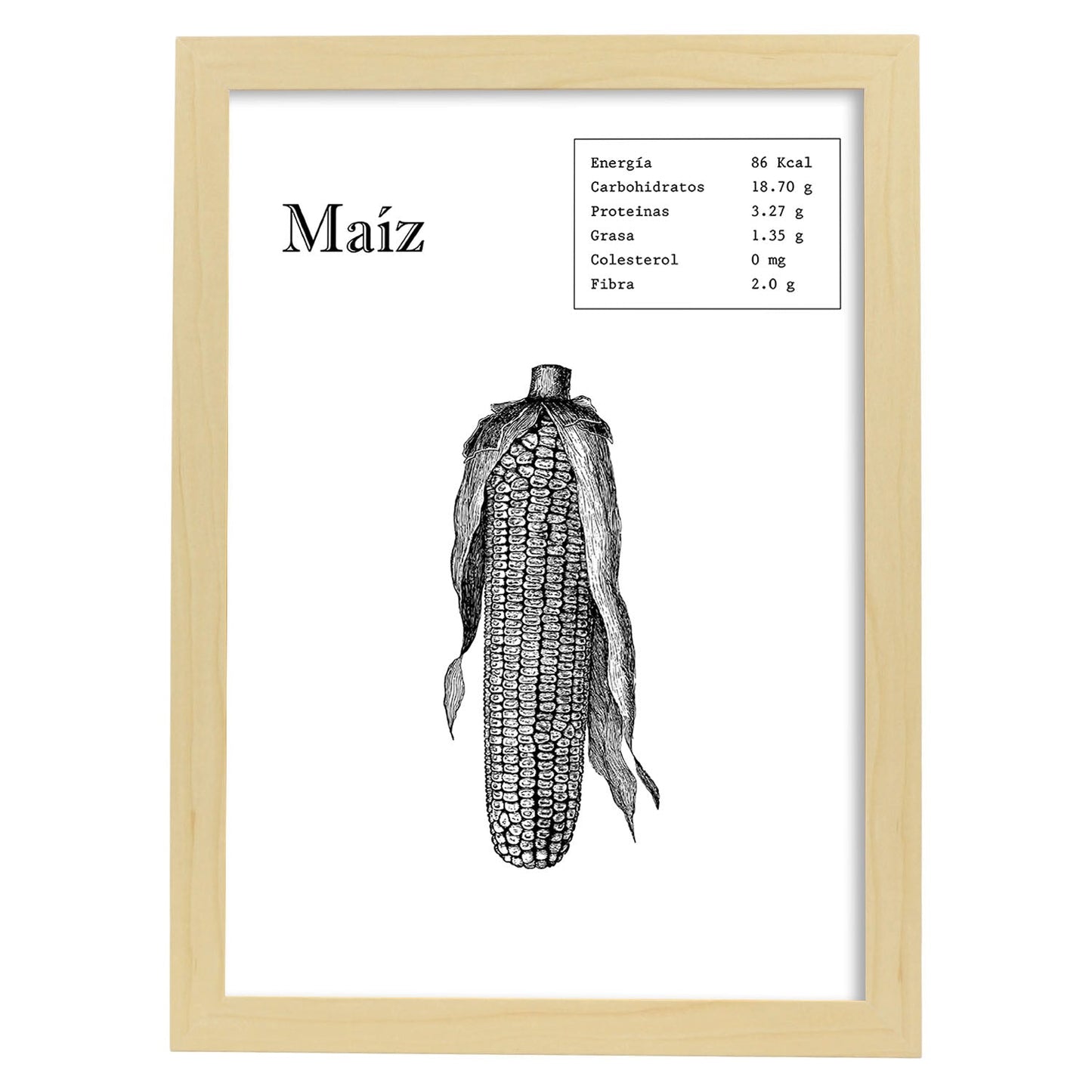 Poster de Maíz. Láminas de frutas y verduras.-Artwork-Nacnic-A4-Marco Madera clara-Nacnic Estudio SL
