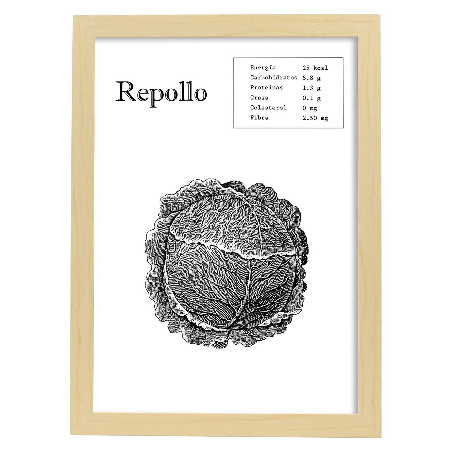Poster de Repollo. Láminas de frutas y verduras.-Artwork-Nacnic-A4-Marco Madera clara-Nacnic Estudio SL