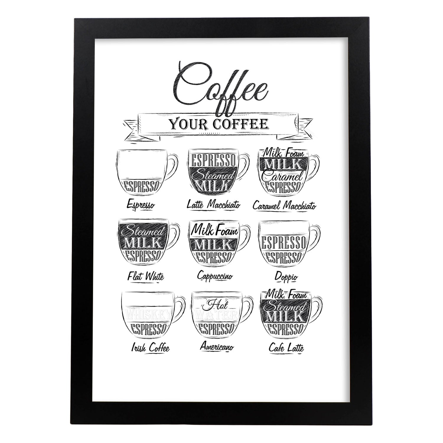 Láminas de café. Poster con diseño Café fondo blanco.-Artwork-Nacnic-A3-Marco Negro-Nacnic Estudio SL