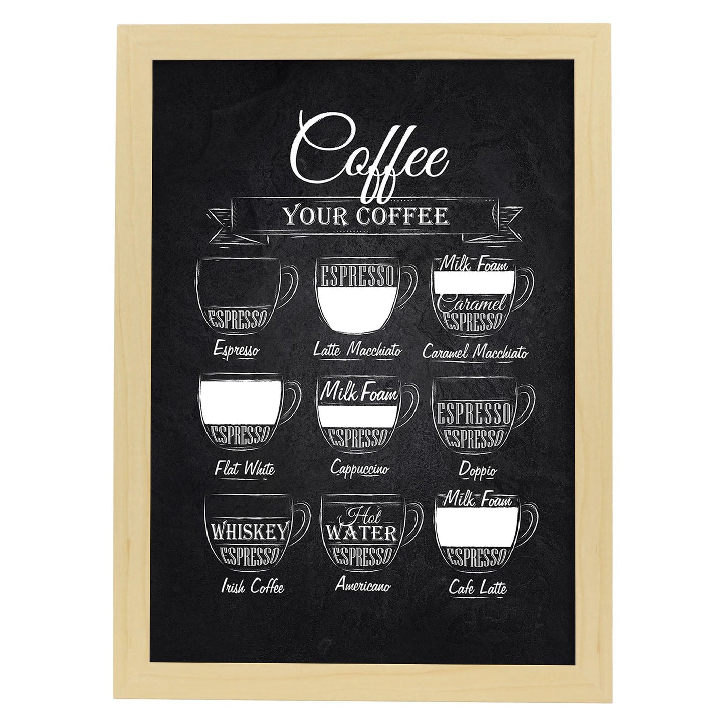 Láminas de café. Poster con diseño Café fondo negro.-Artwork-Nacnic-A4-Marco Madera clara-Nacnic Estudio SL