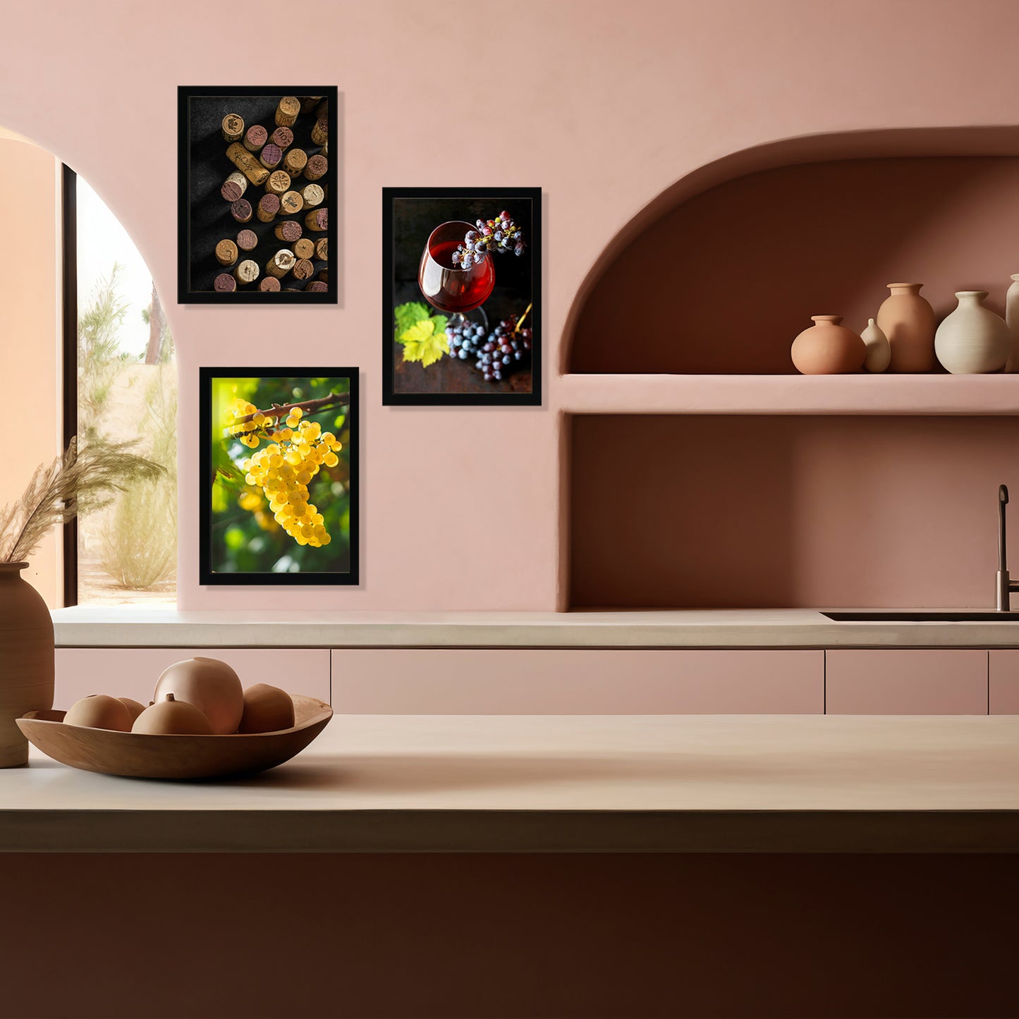 Set de 3 Cuadros de Uvas de Viñedo y Corcho Ilustración impresa en estilo Fotográfico para decorar Cocina, Despensa, Cortijo, Comedor, Restaurante