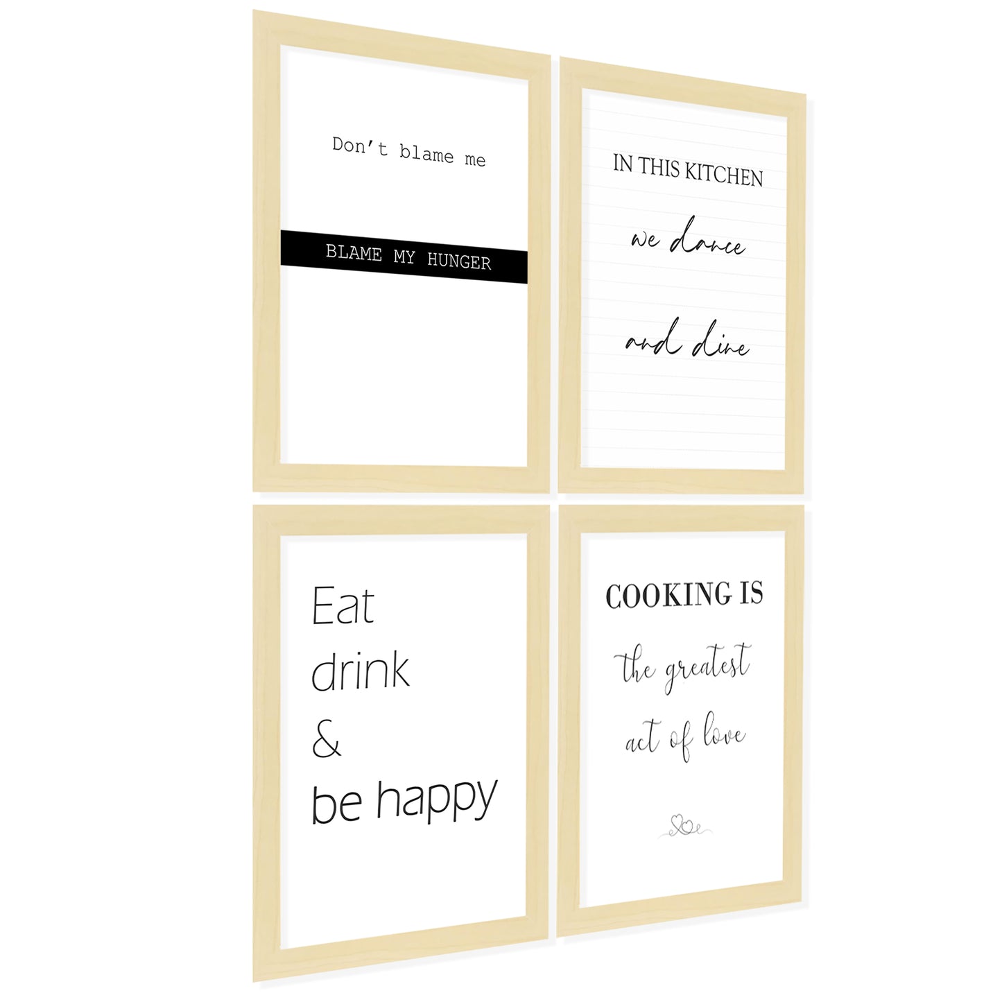 Set de 4 Cuadros Frases de Cocina Mensajes Póster Impresión Ilustración Letreros en Blanco y Negro Estilo moderno para decorar Cocina, Despensa, Comedor, Restaurante
