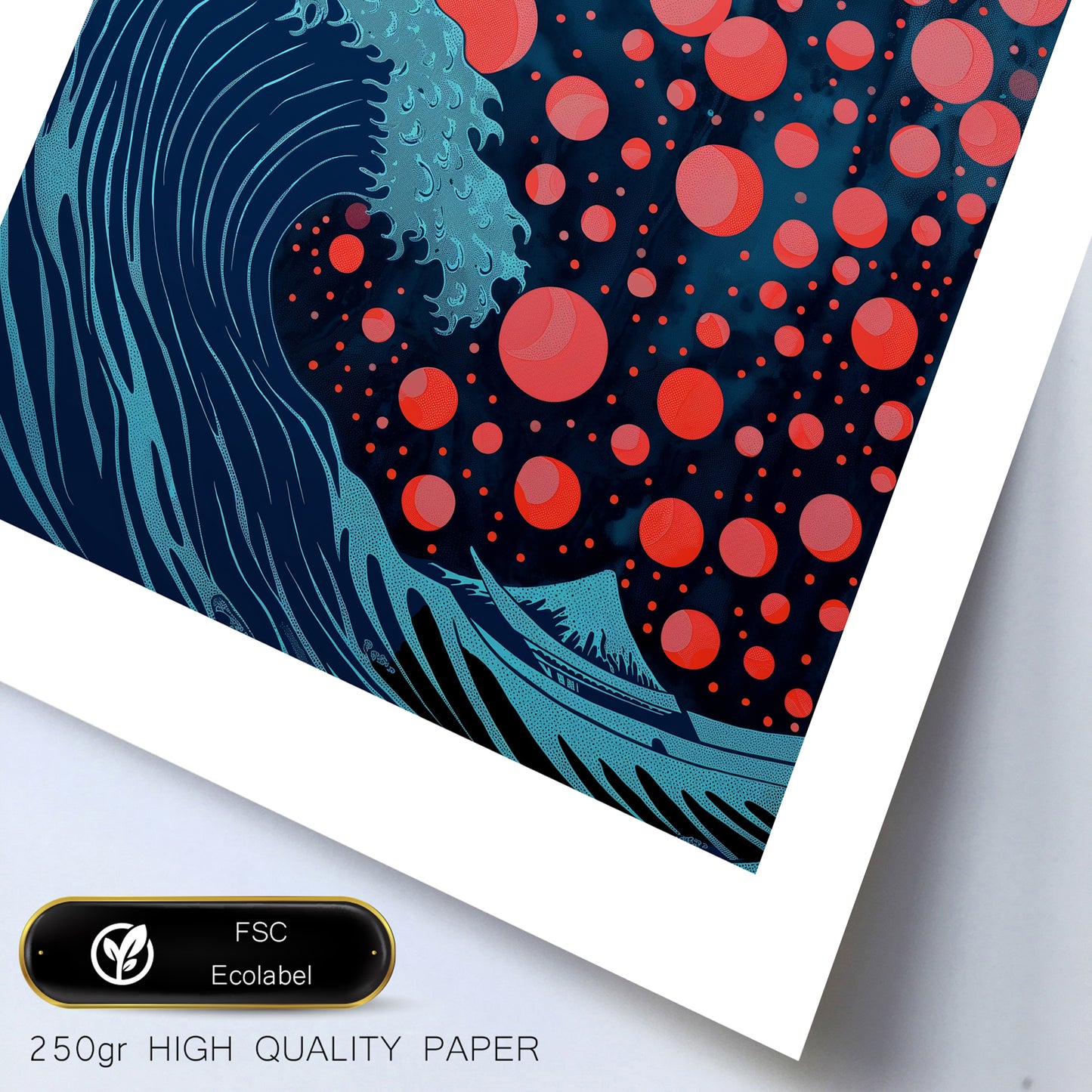 Set de 6 láminas estilo Yayoi Kusama con setas, olas, flores y peces en colores oscuros y patrones de lunares para decorar hogar, oficina o tienda – 2 grandes y 4 medianos