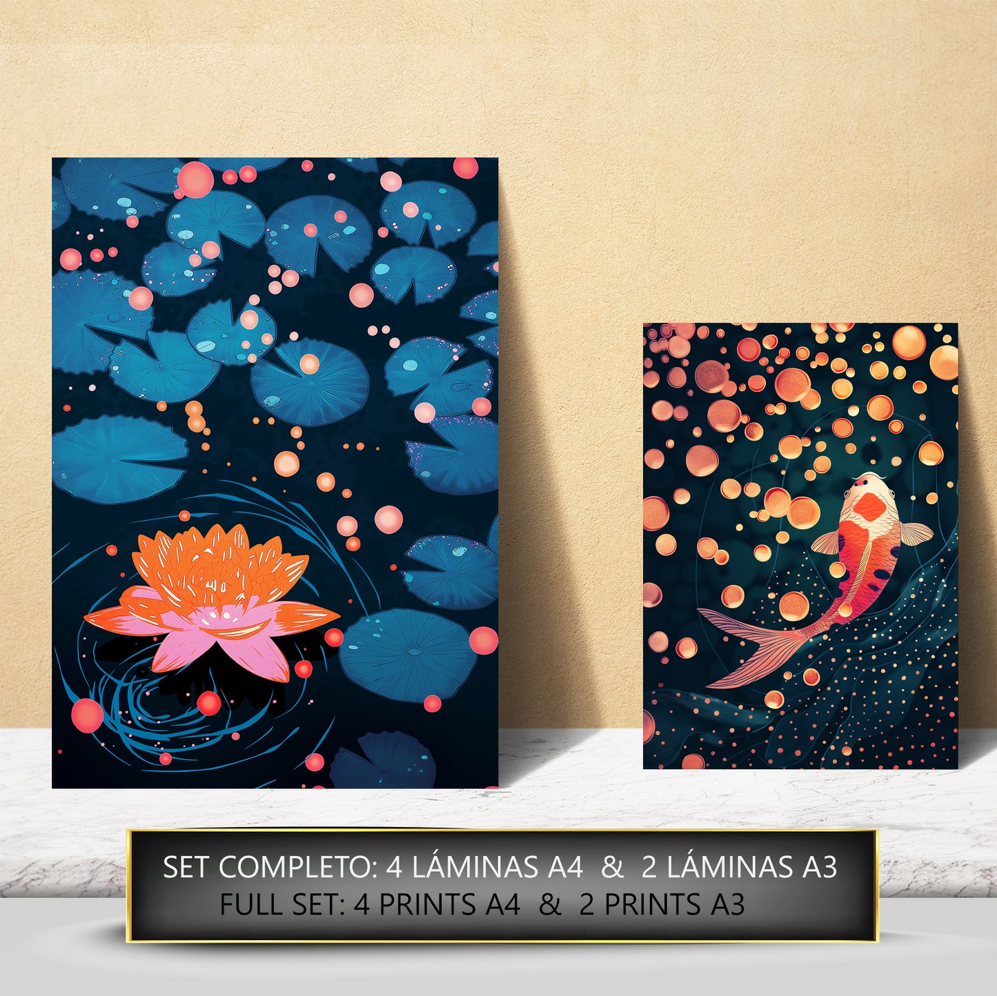 Set de 6 láminas estilo Yayoi Kusama con setas, olas, flores y peces en colores oscuros y patrones de lunares para decorar hogar, oficina o tienda – 2 grandes y 4 medianos