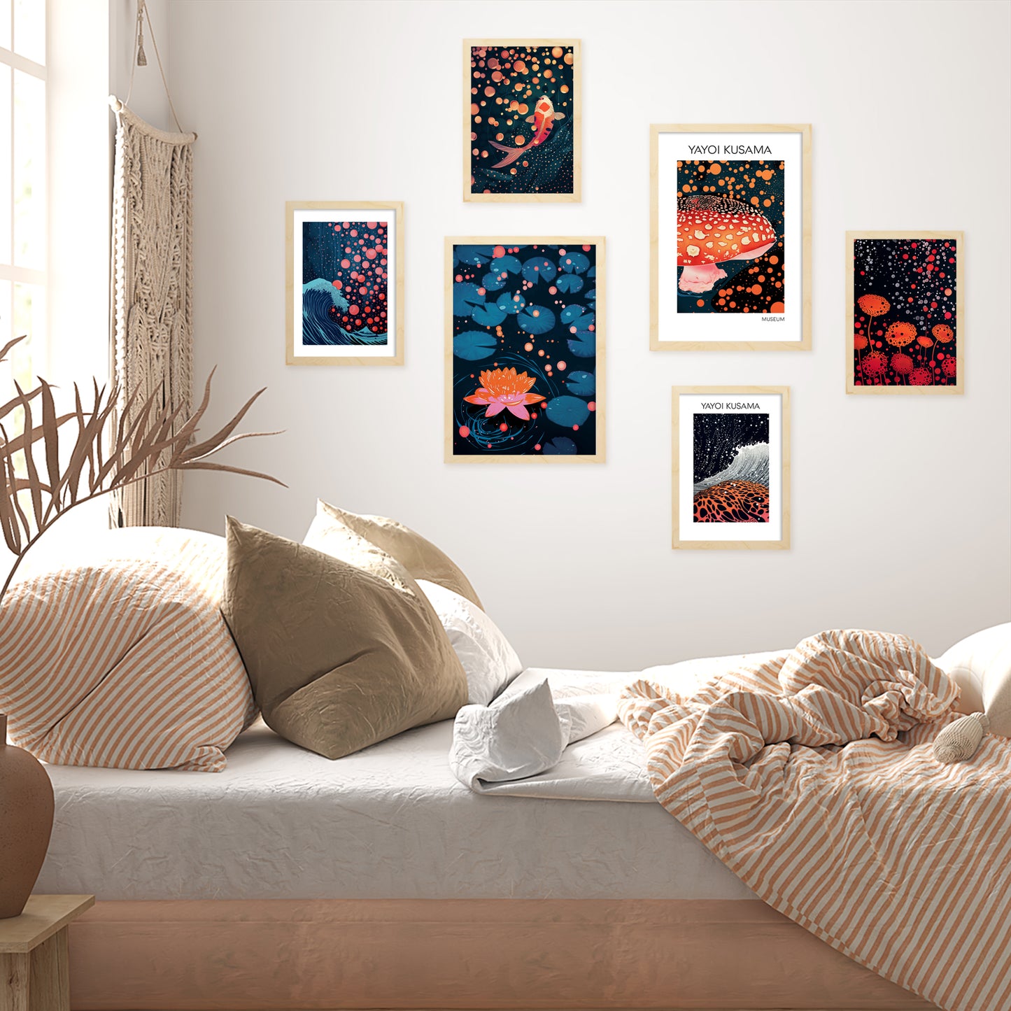Set de 6 láminas estilo Yayoi Kusama con setas, olas, flores y peces en colores oscuros y patrones de lunares para decorar hogar, oficina o tienda – 2 grandes y 4 medianos