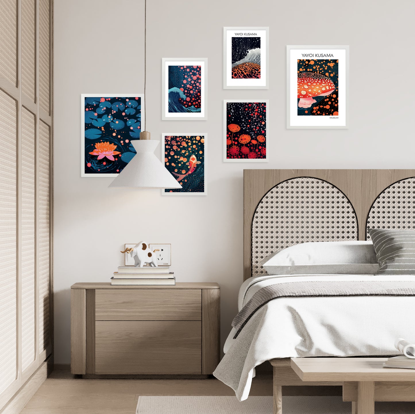 Set de 6 láminas estilo Yayoi Kusama con setas, olas, flores y peces en colores oscuros y patrones de lunares para decorar hogar, oficina o tienda – 2 grandes y 4 medianos