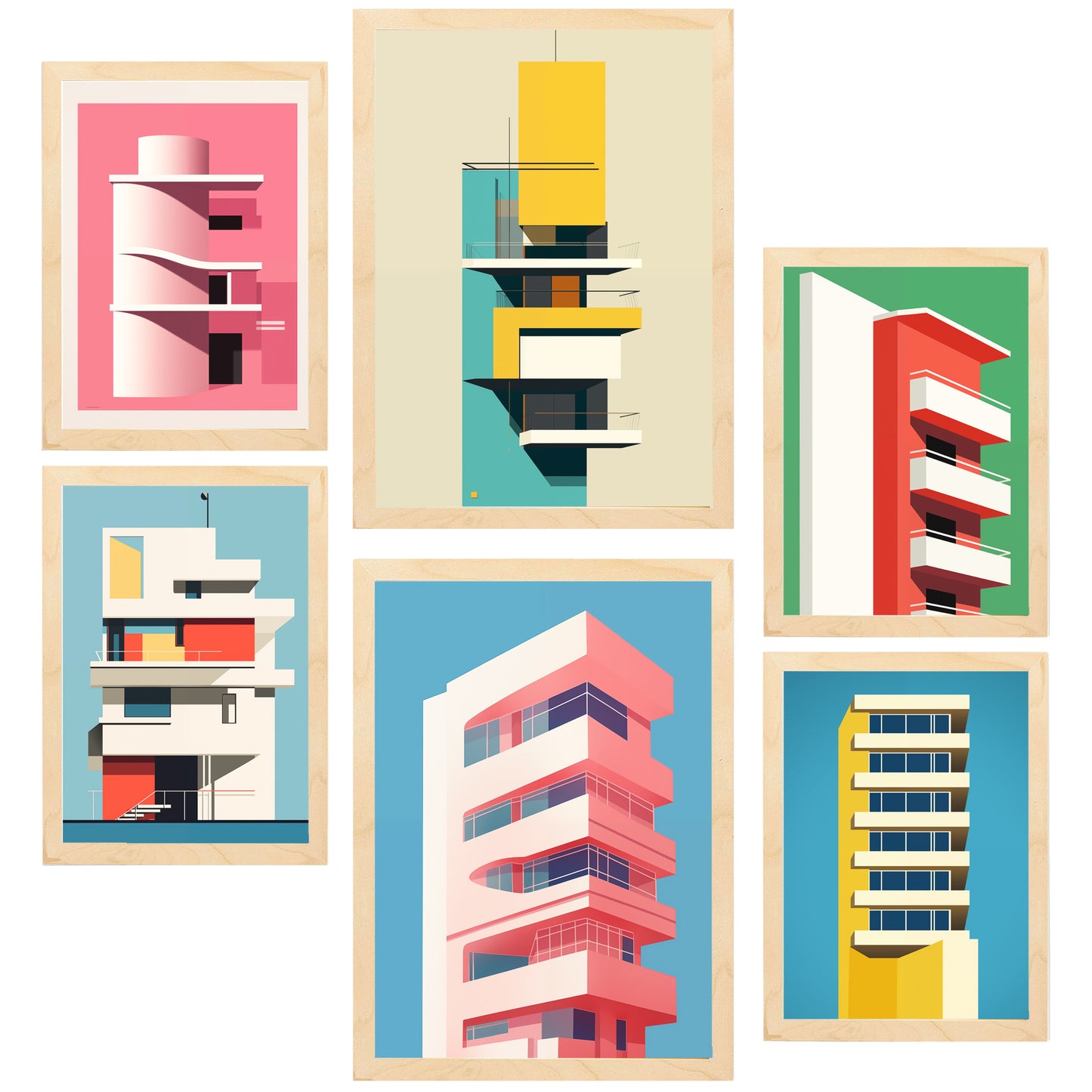 Set de 6 láminas estilo Bauhaus con ilustraciones arquitectónicas modernas en colores vivos para decorar oficina, salón o negocio – 2 grandes y 4 medianos