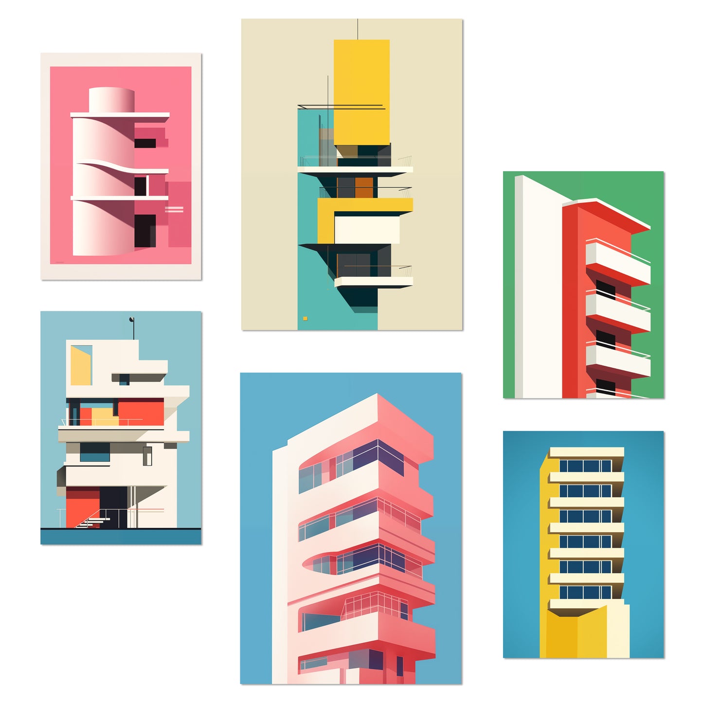 Set de 6 láminas estilo Bauhaus con ilustraciones arquitectónicas modernas en colores vivos para decorar oficina, salón o negocio – 2 grandes y 4 medianos