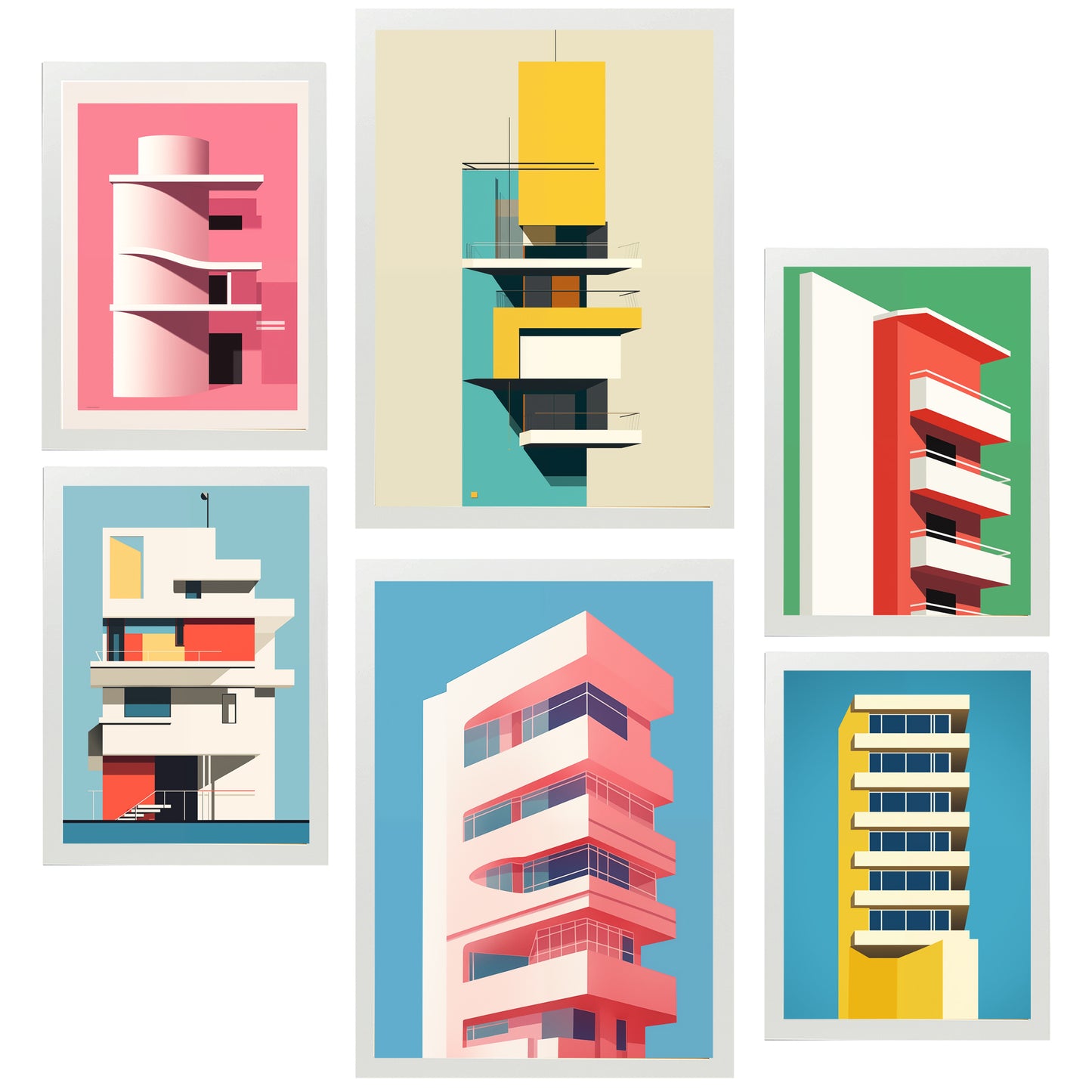 Set de 6 láminas estilo Bauhaus con ilustraciones arquitectónicas modernas en colores vivos para decorar oficina, salón o negocio – 2 grandes y 4 medianos