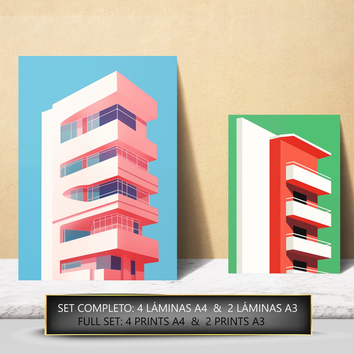 Set de 6 láminas estilo Bauhaus con ilustraciones arquitectónicas modernas en colores vivos para decorar oficina, salón o negocio – 2 grandes y 4 medianos